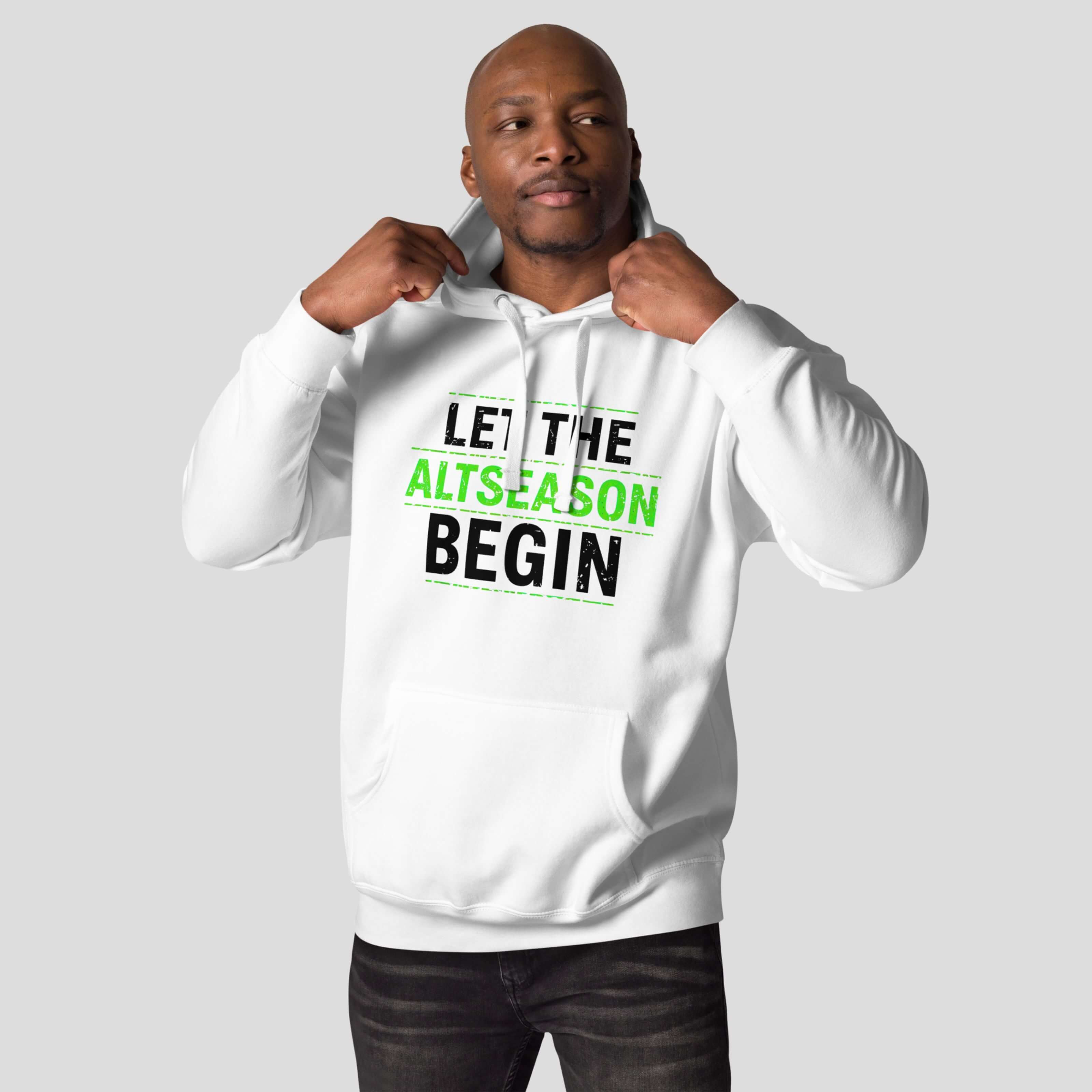 Model wearing white crypto hoodie with Let The Altseason Begin print