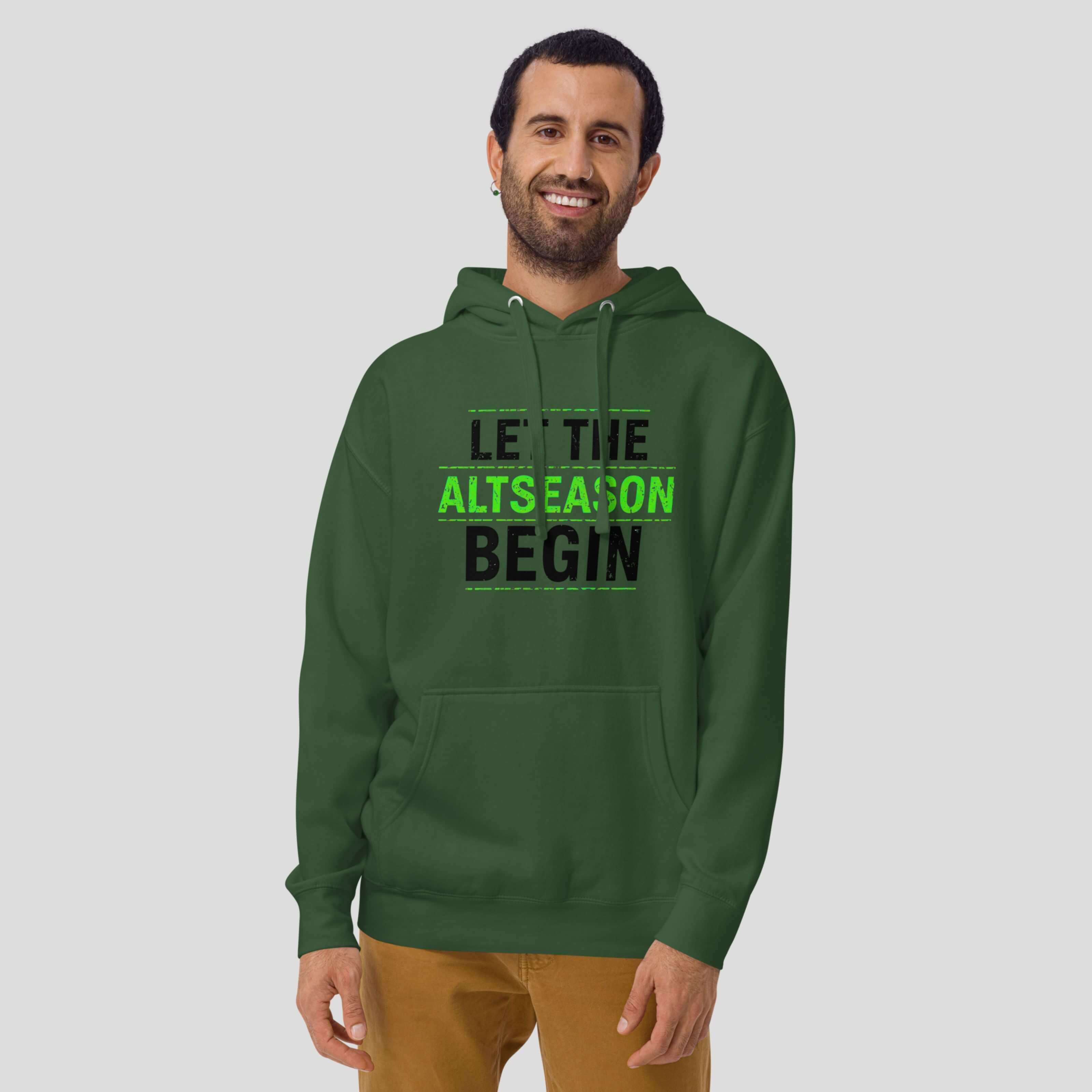 Model wearing green altcoin trader hoodie with bold crypto message
