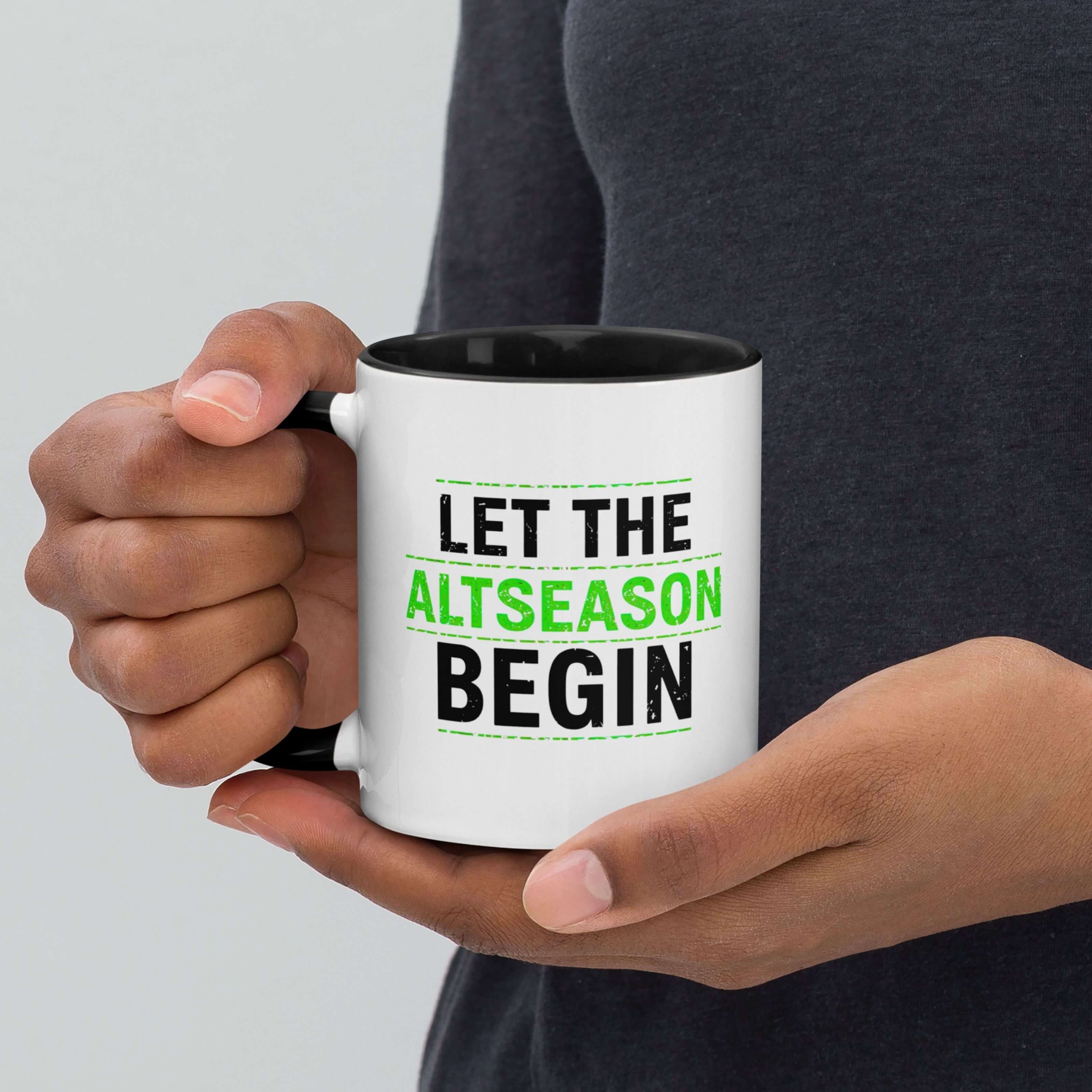 Person holding Let the Altseason Begin mug during coffee break with crypto trader style