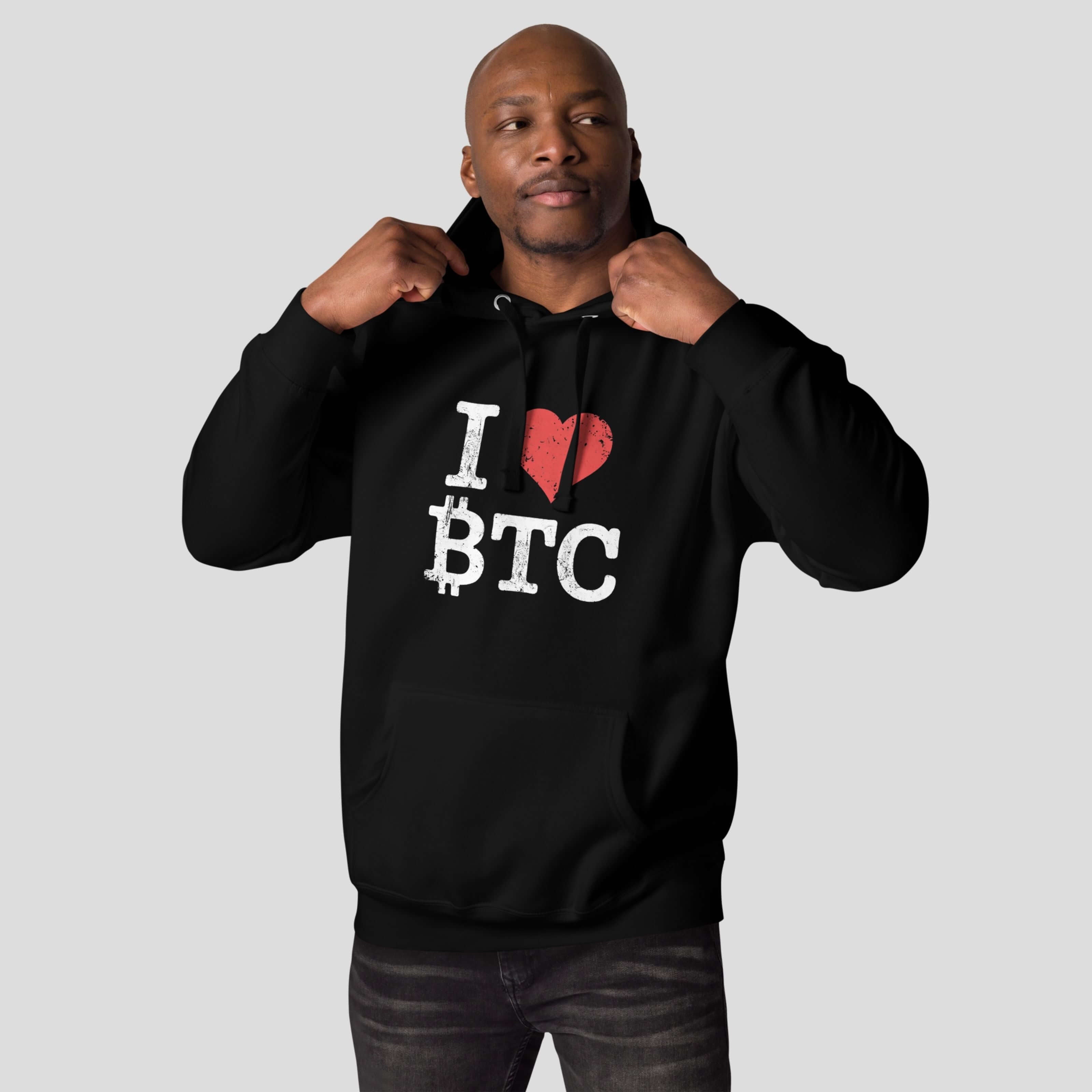 Bitcoin hoodie black worn by male model