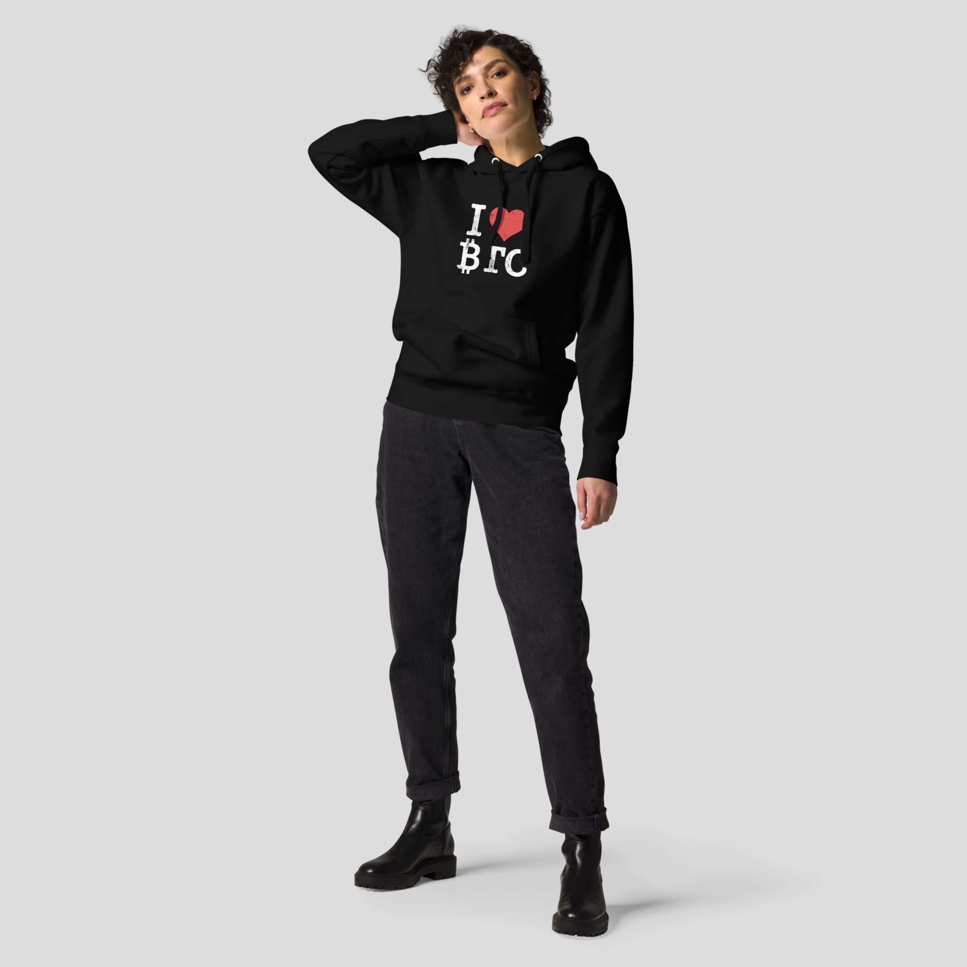 Bitcoin streetwear hoodie black female model
