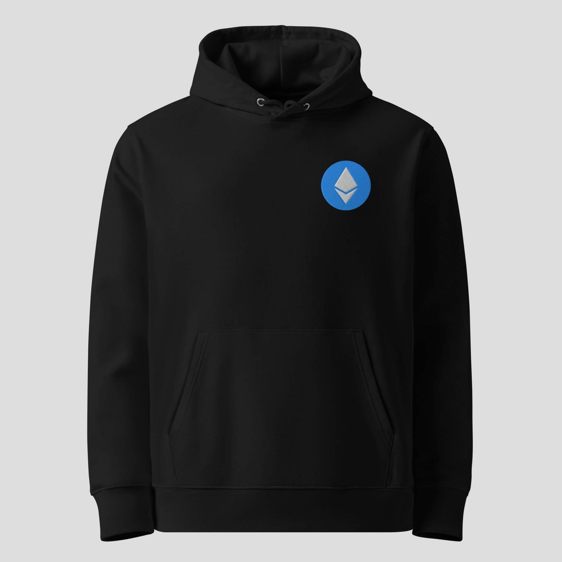 Minimal ETH Inspired Embroidered Hoodie - Premium Crypto Streetwear Heavyweight Hoodie featuring premium Ethereum-inspired hoodie styling for crypto culture, view 1 in Black