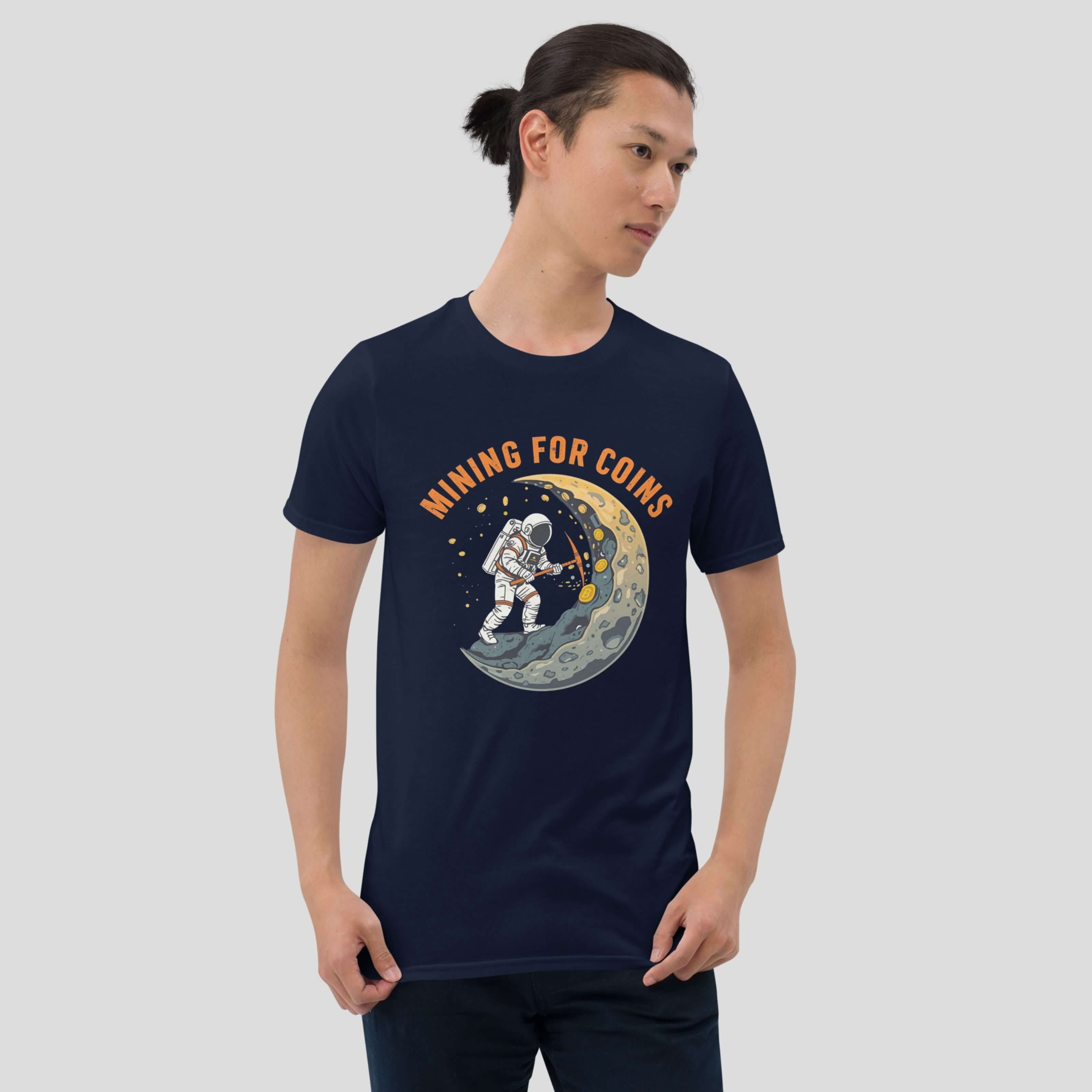 mOdel posing in a navy bitcoin mining meme t-shirt