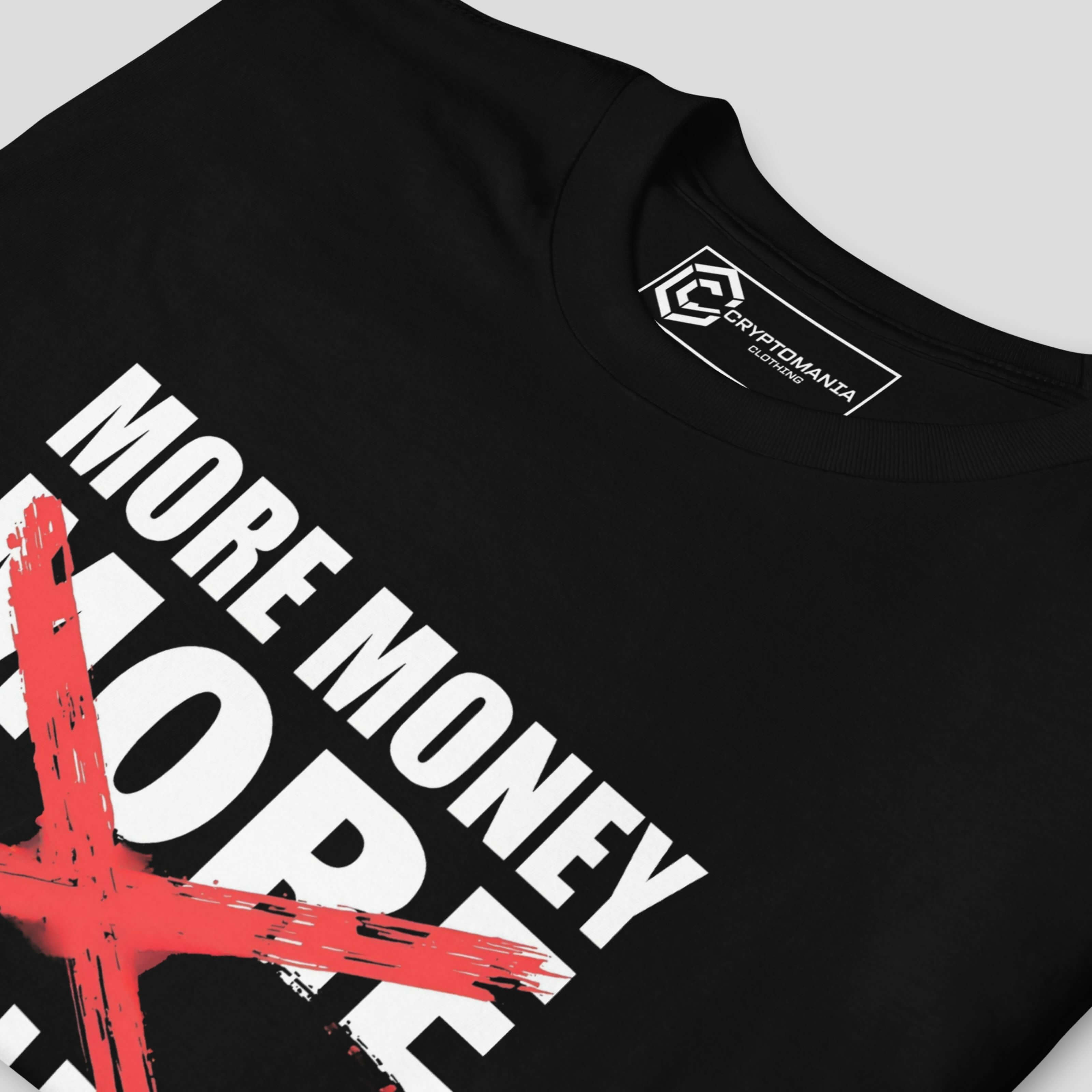 Black crypto t-shirt with 'More Money Less  Problems' text 