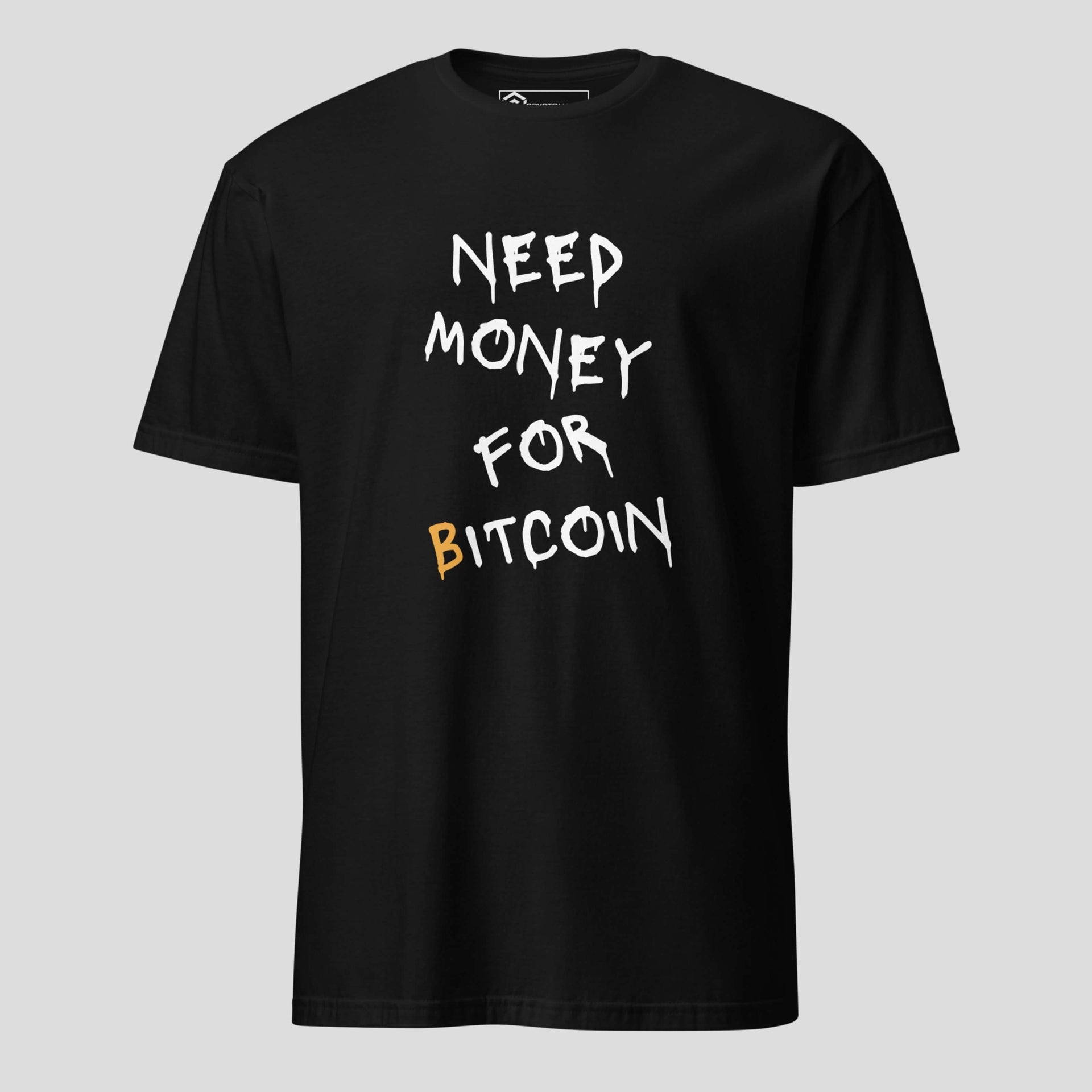 Black t-shirt with “Need Money for Bitcoin” slogan in hand-drawn street style