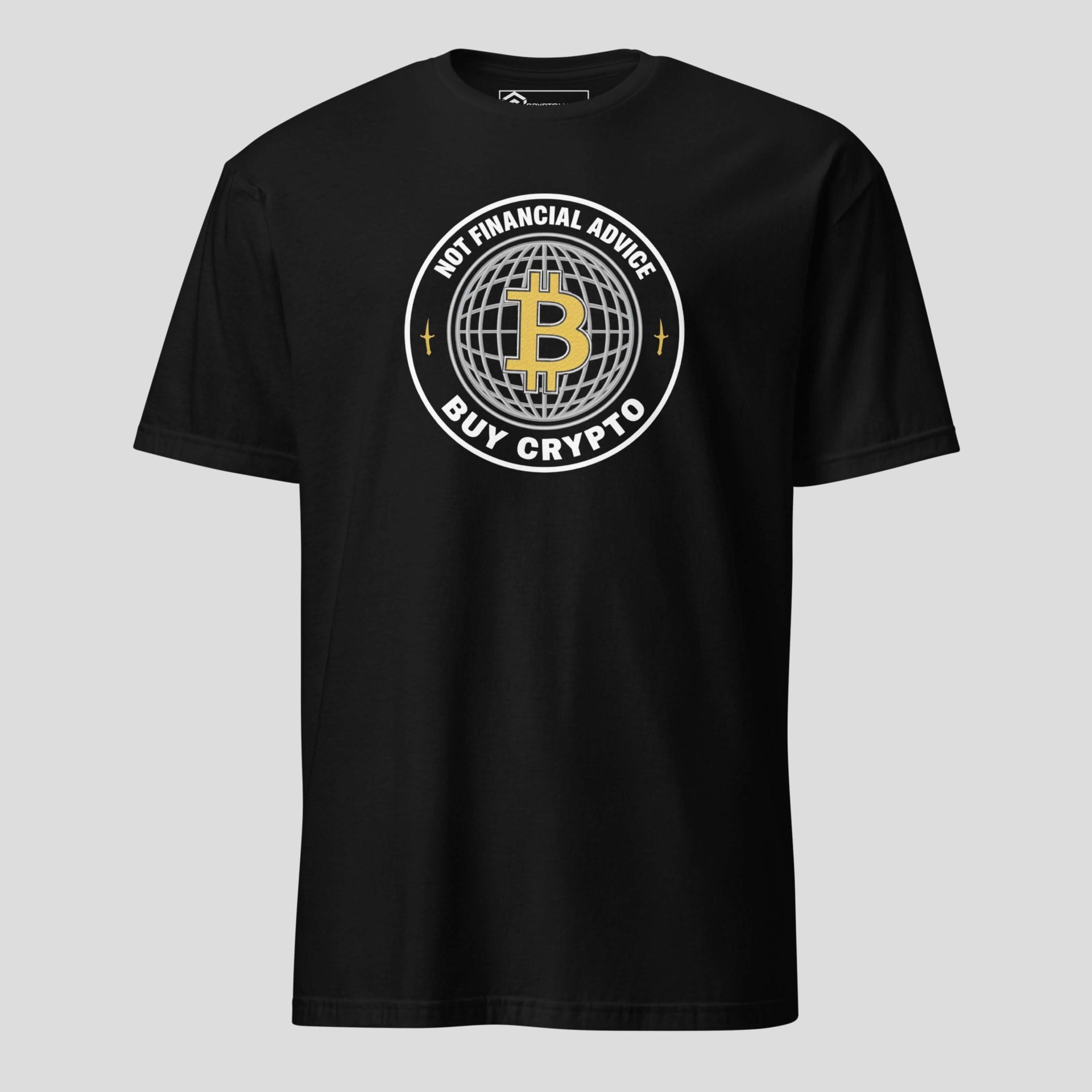 Black bitcoin t-shirt with not financial advice buy crypto circular graphic design