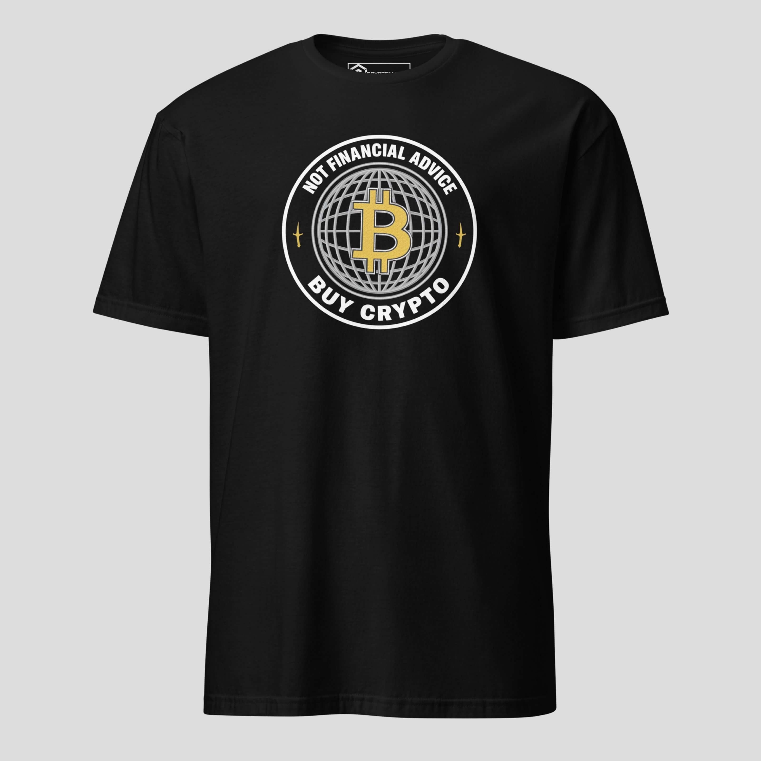 Black bitcoin t-shirt with not financial advice buy crypto circular graphic design