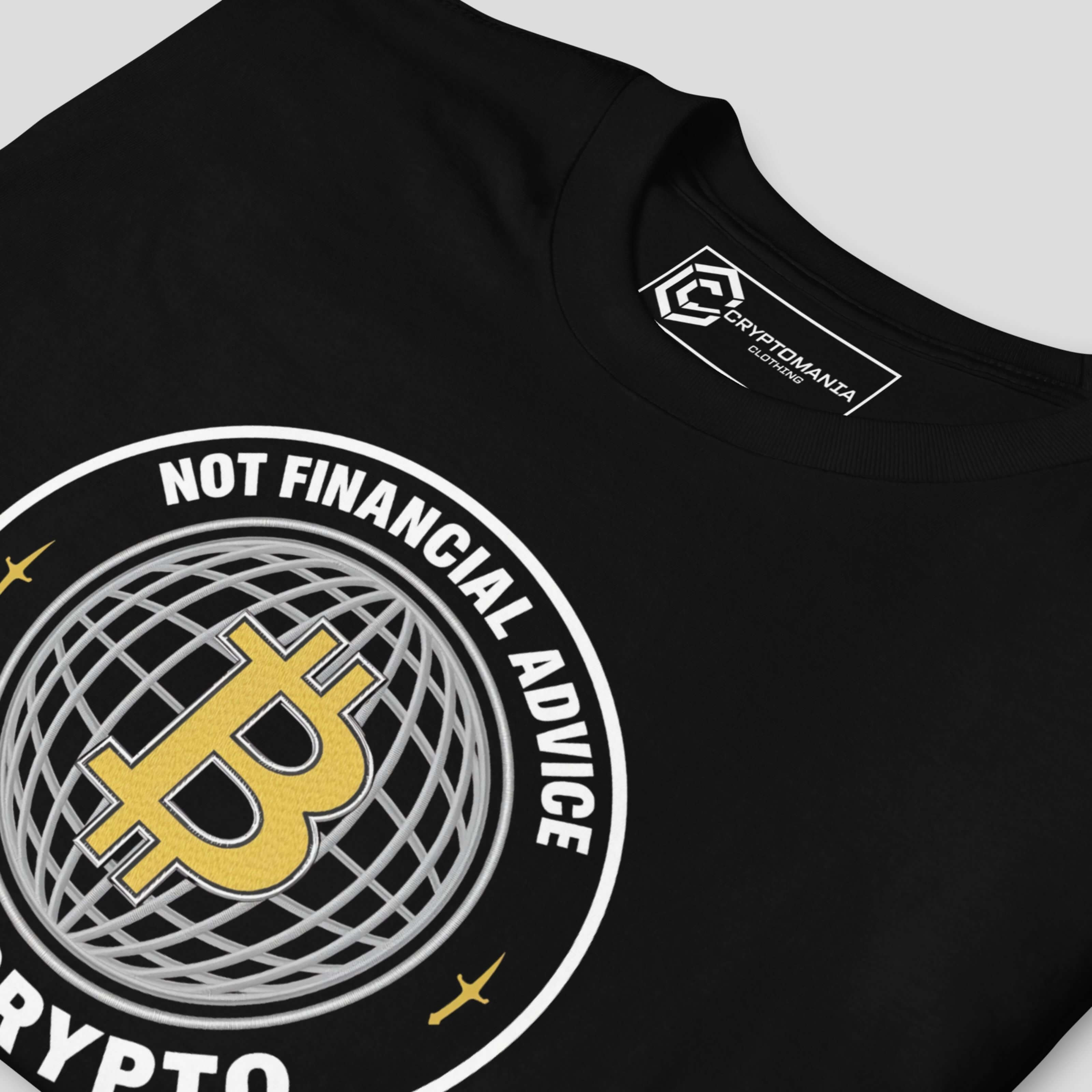 Close-up of bitcoin buy crypto not financial advice graphic on t-shirt