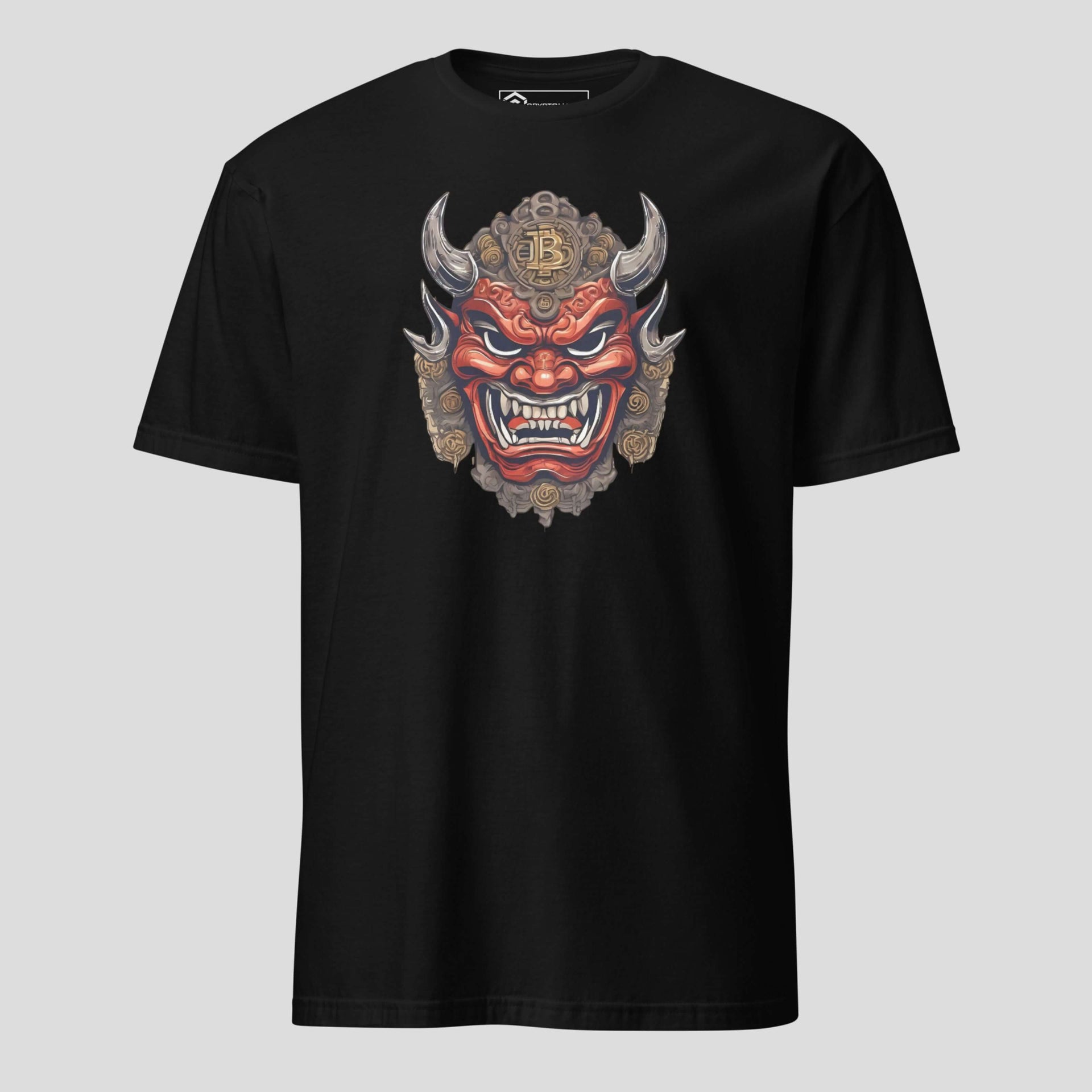 Black crypto t-shirt featuring a detailed oni mask inspired design with aggressive expression and digital currency symbolism