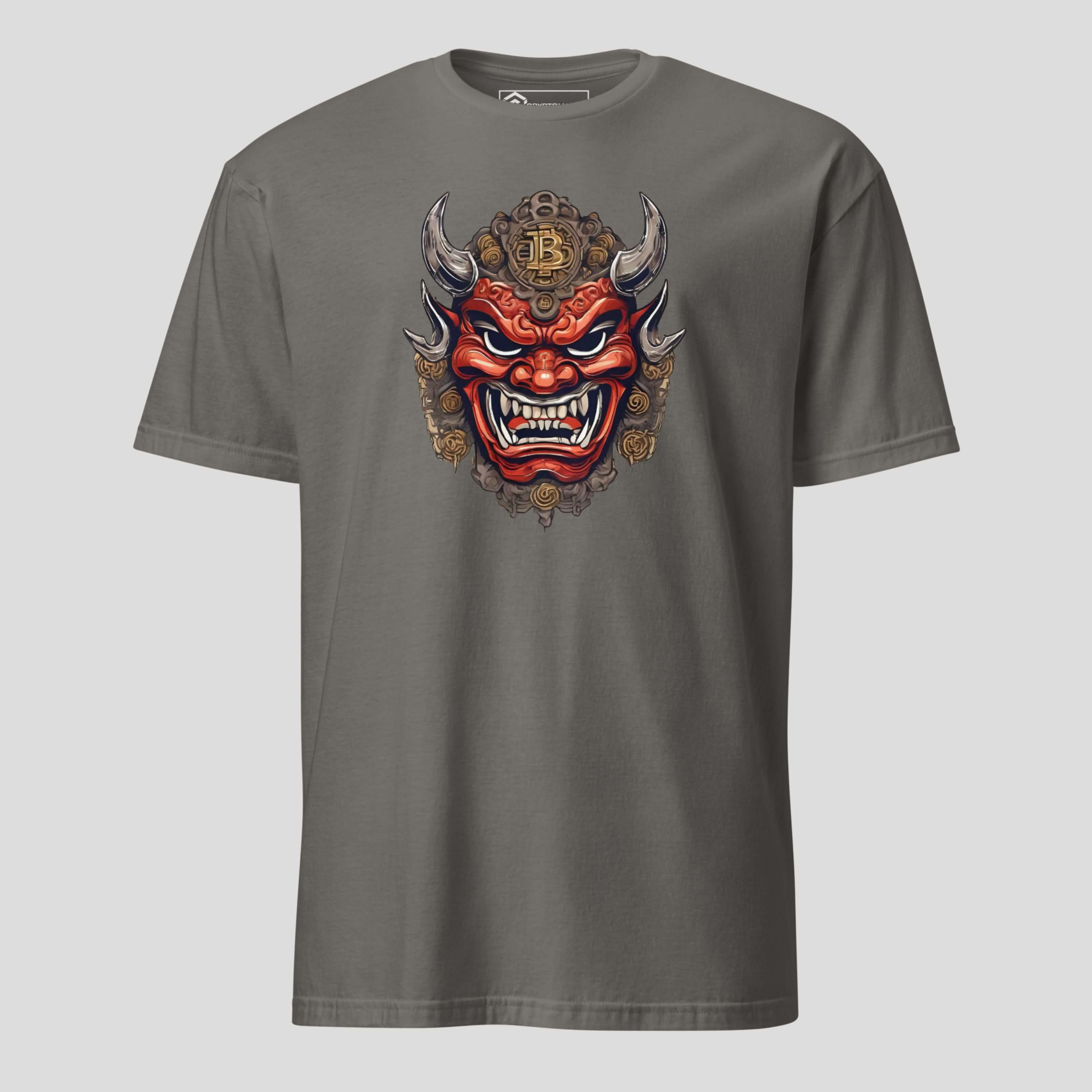Grey crypto t-shirt with oni mask inspired artwork centered on chest, combining Japanese demon style and digital culture aesthetics