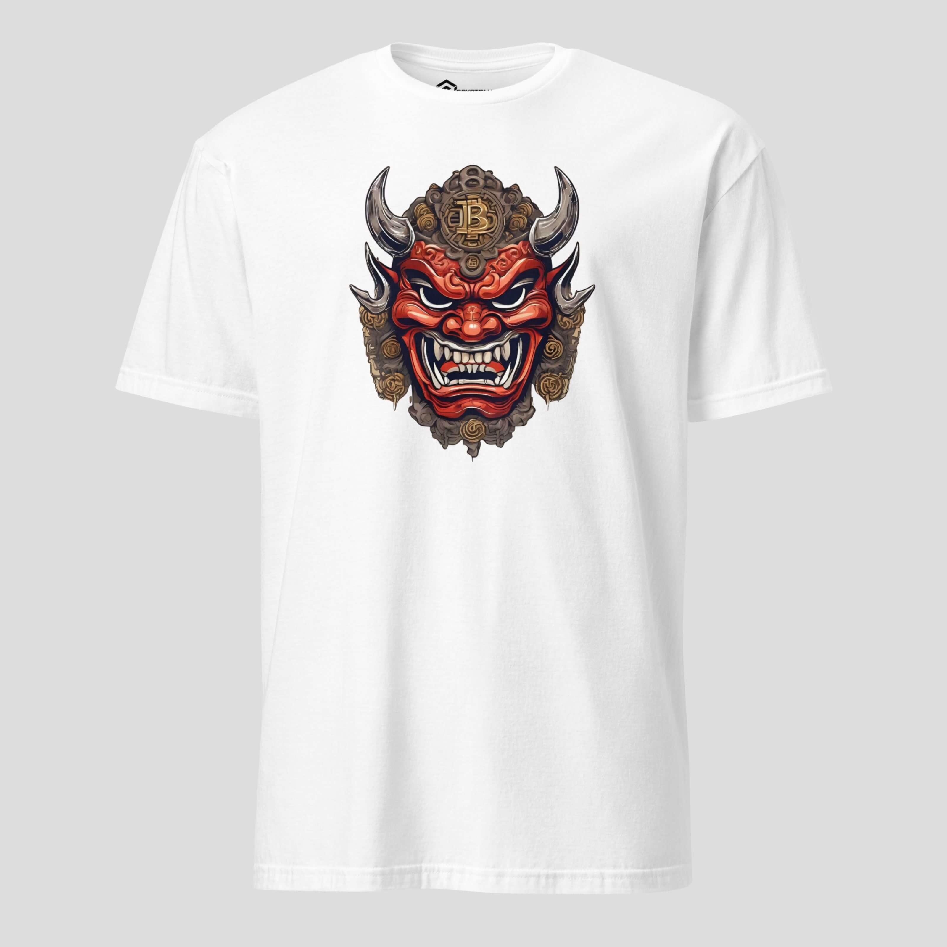White crypto t-shirt featuring a striking oni mask inspired design with bold red tones and digital themed artwork