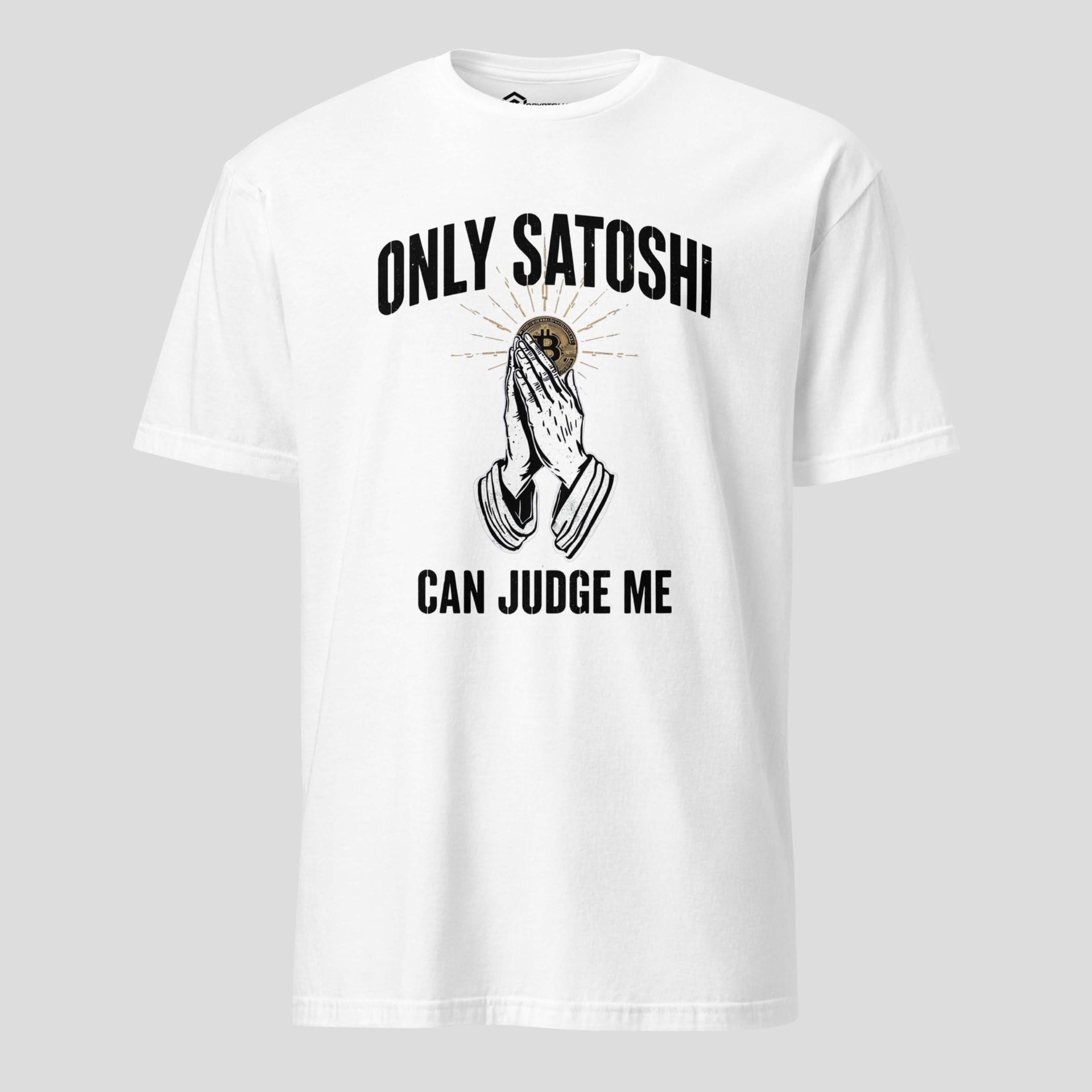 Only Satoshi Can Judge Me Bitcoin t-shirt with praying hands and crypto coin design