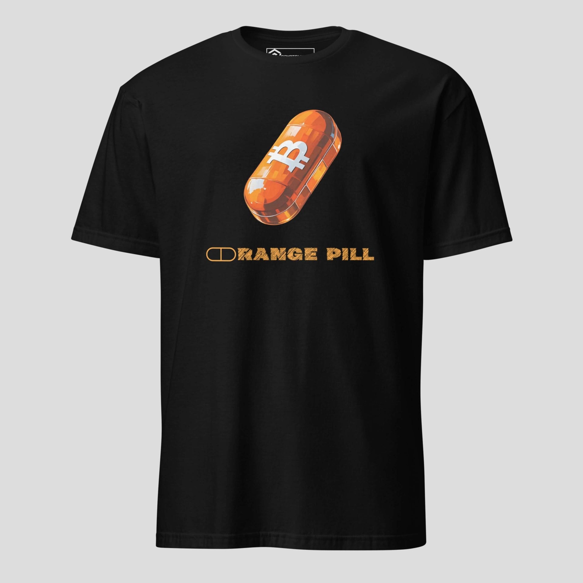 Black bitcoin orange pill graphic t-shirt for crypto investors