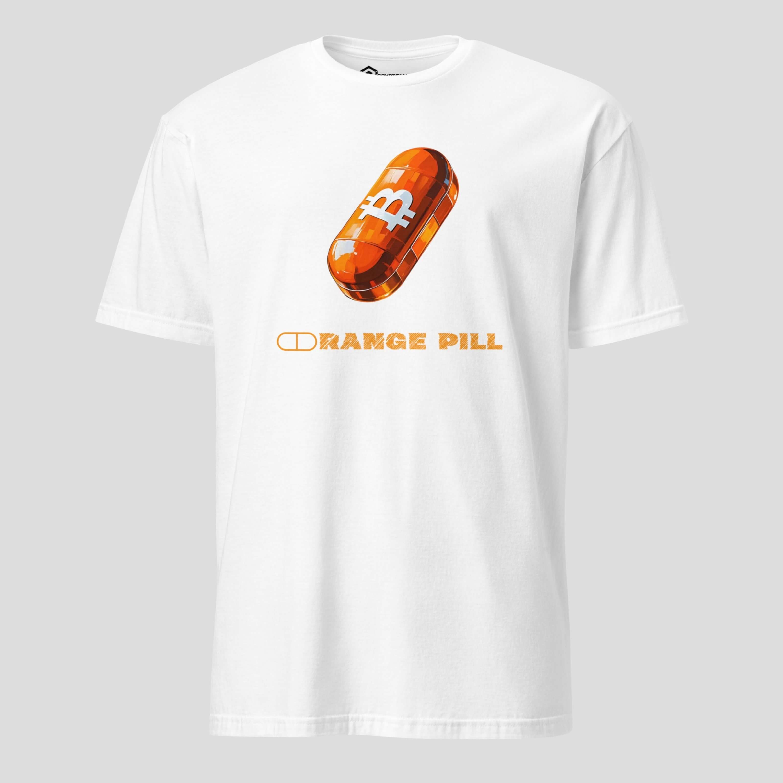 White orange pill Bitcoin t-shirt with capsule crypto design