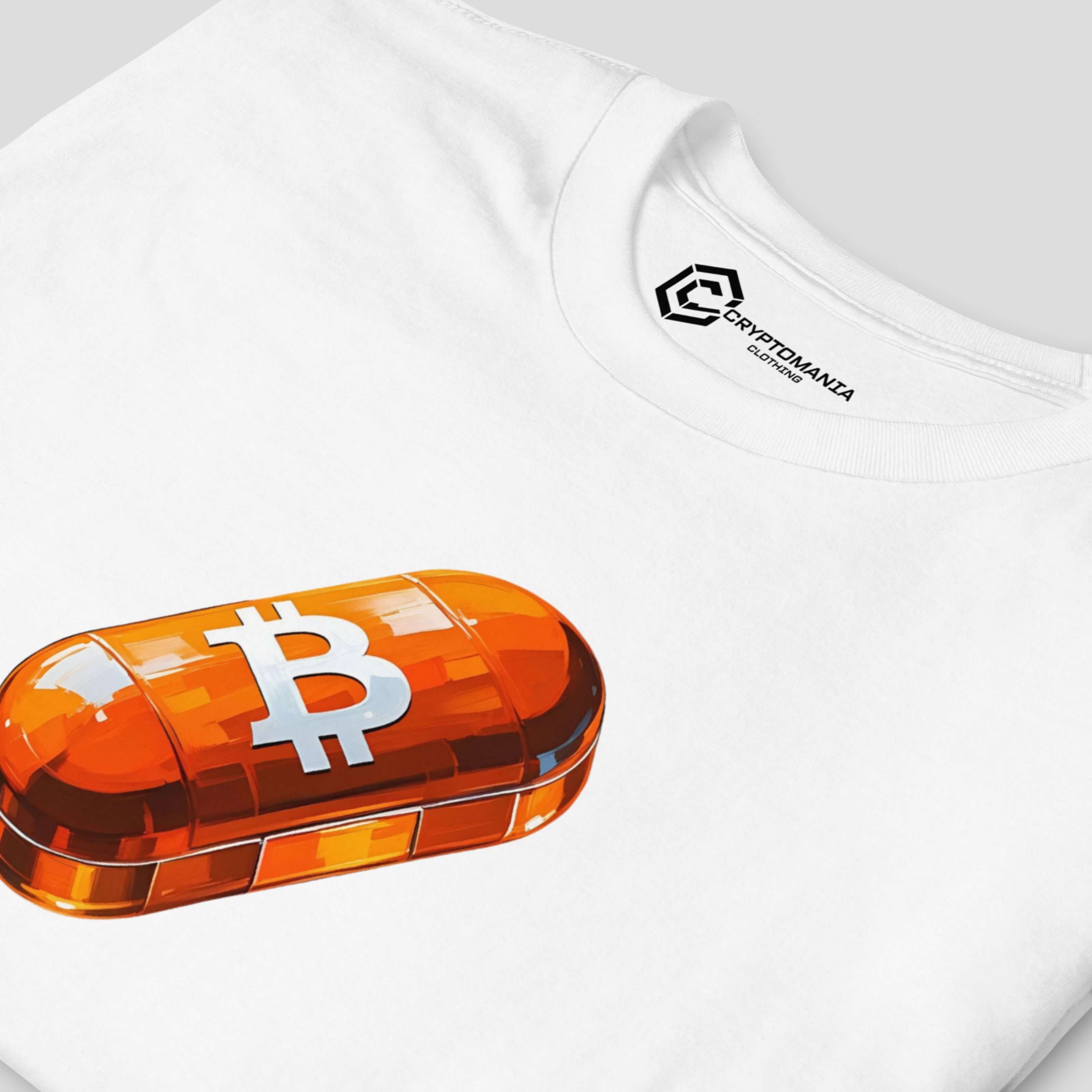White minimal orange pill Bitcoin shirt inspired by crypto culture