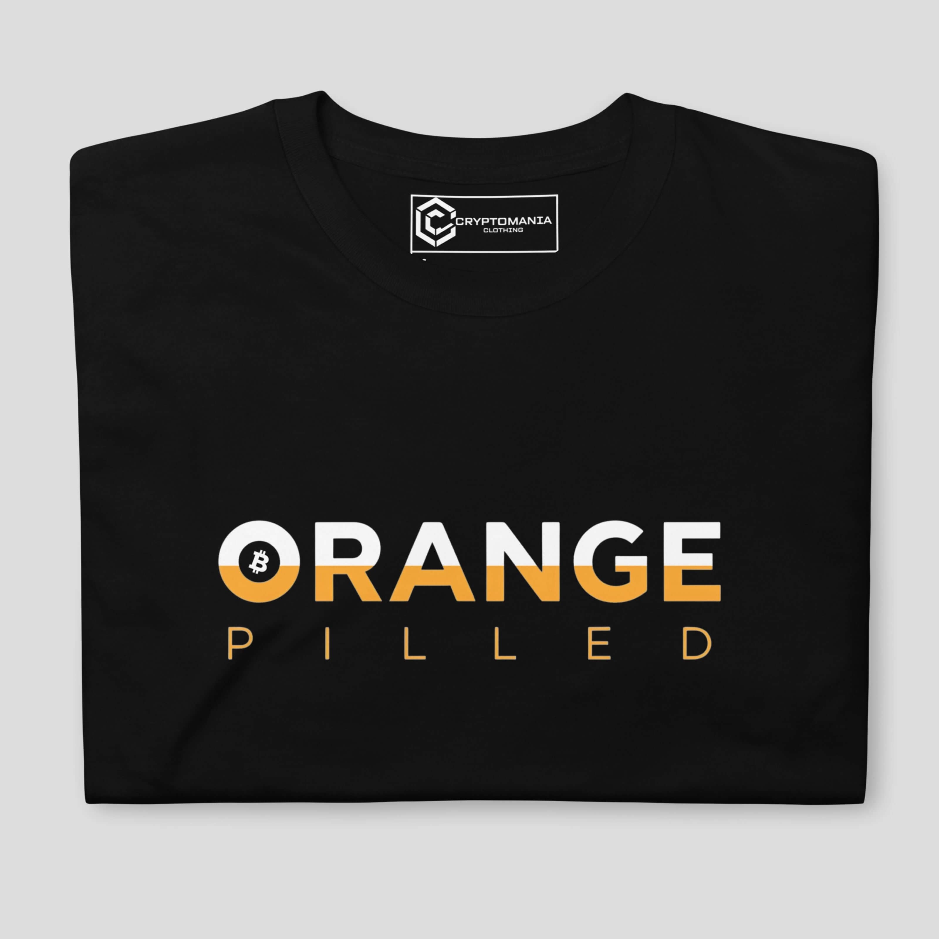 Orange pilled Bitcoin t-shirt with minimalist crypto typography design