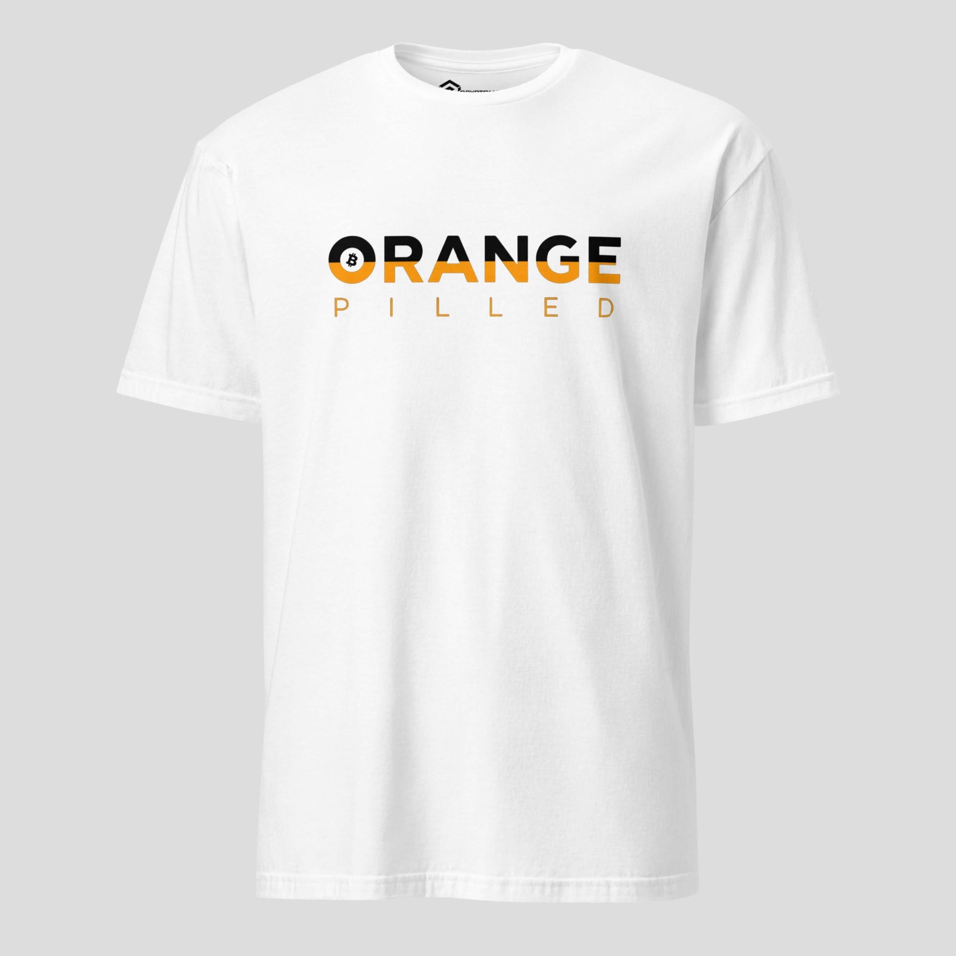 Orange Pilled BTC t-shirt white minimalist crypto streetwear design