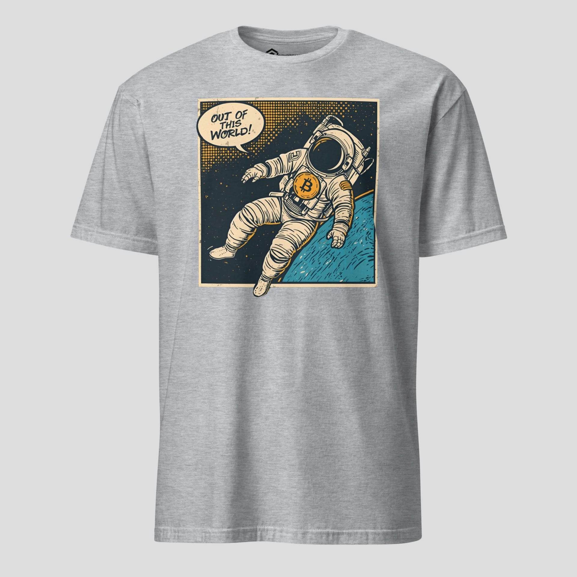 Gray t-shirt with an astronaut graphic and 'Out of this World!' text on a light gray background