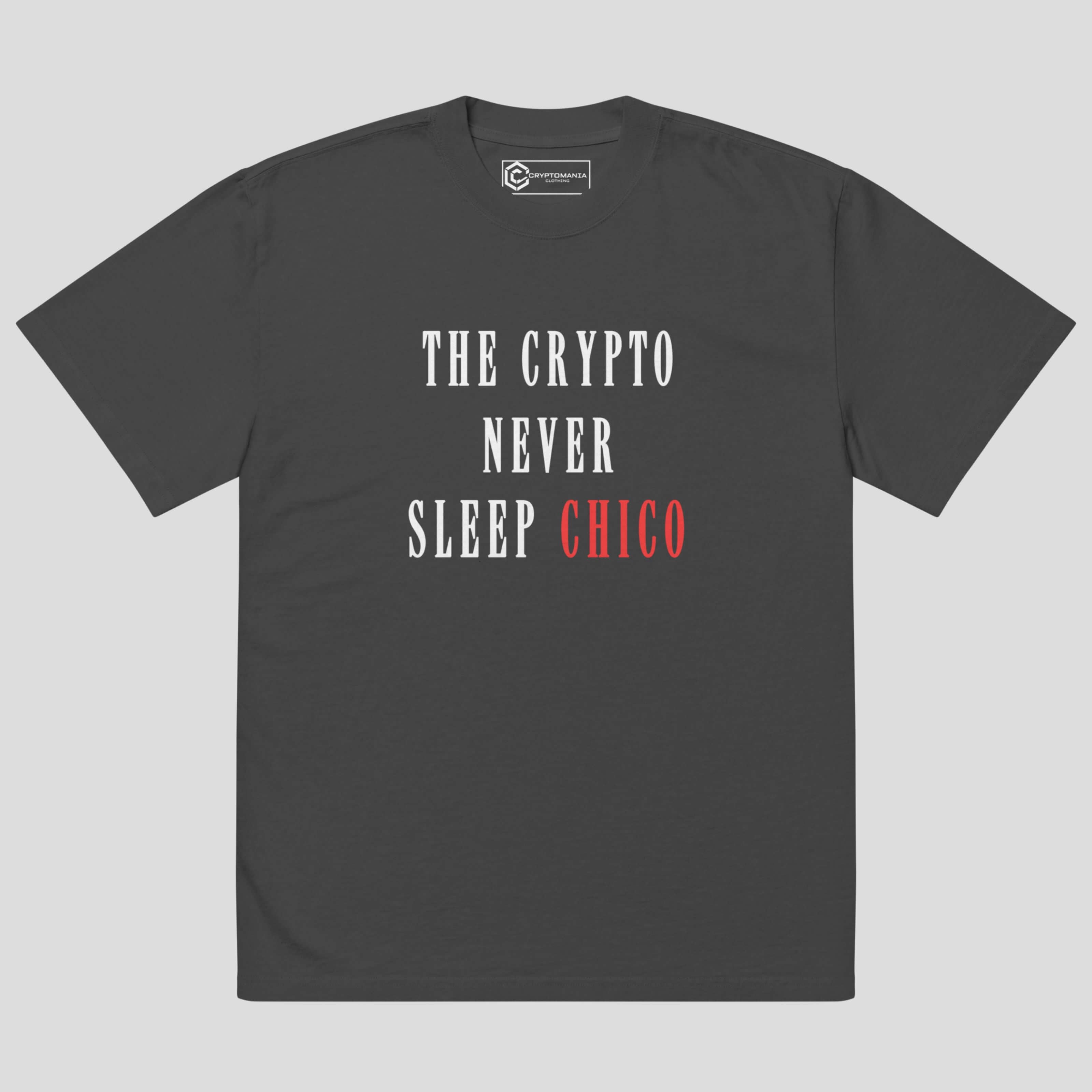 Side view of oversized crypto t-shirt styled for streetwear look