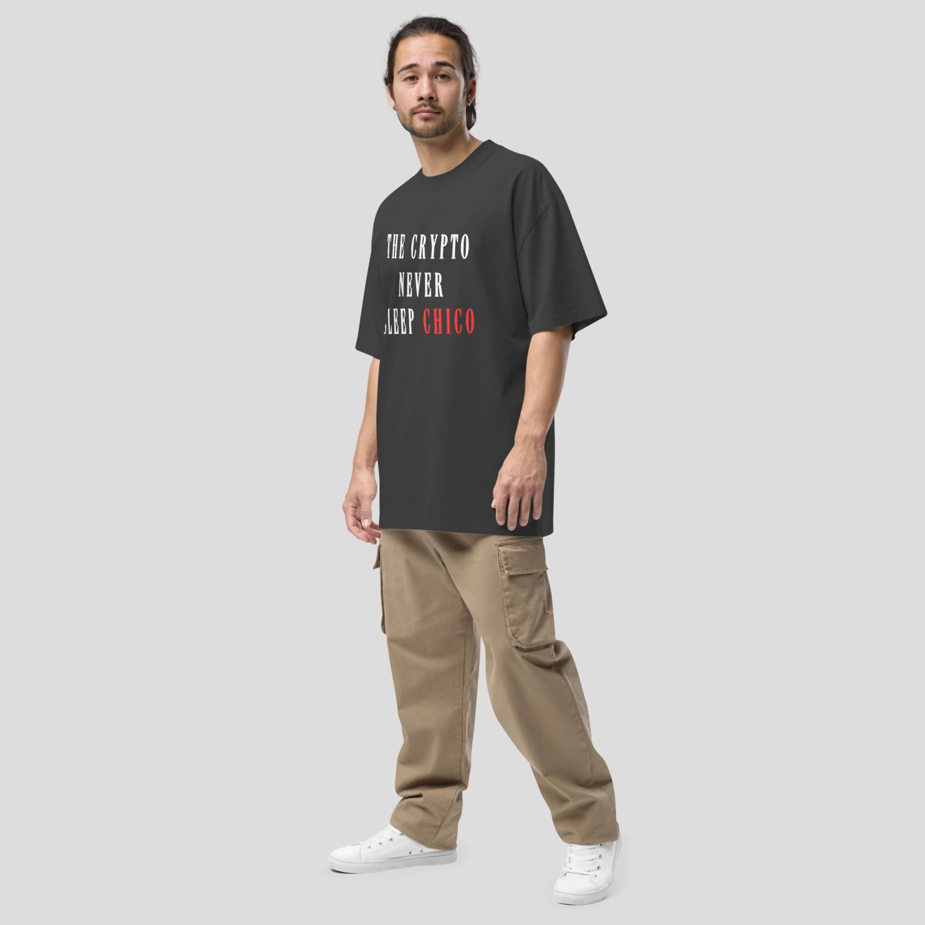 Model wearing oversized crypto streetwear t-shirt with bold typography