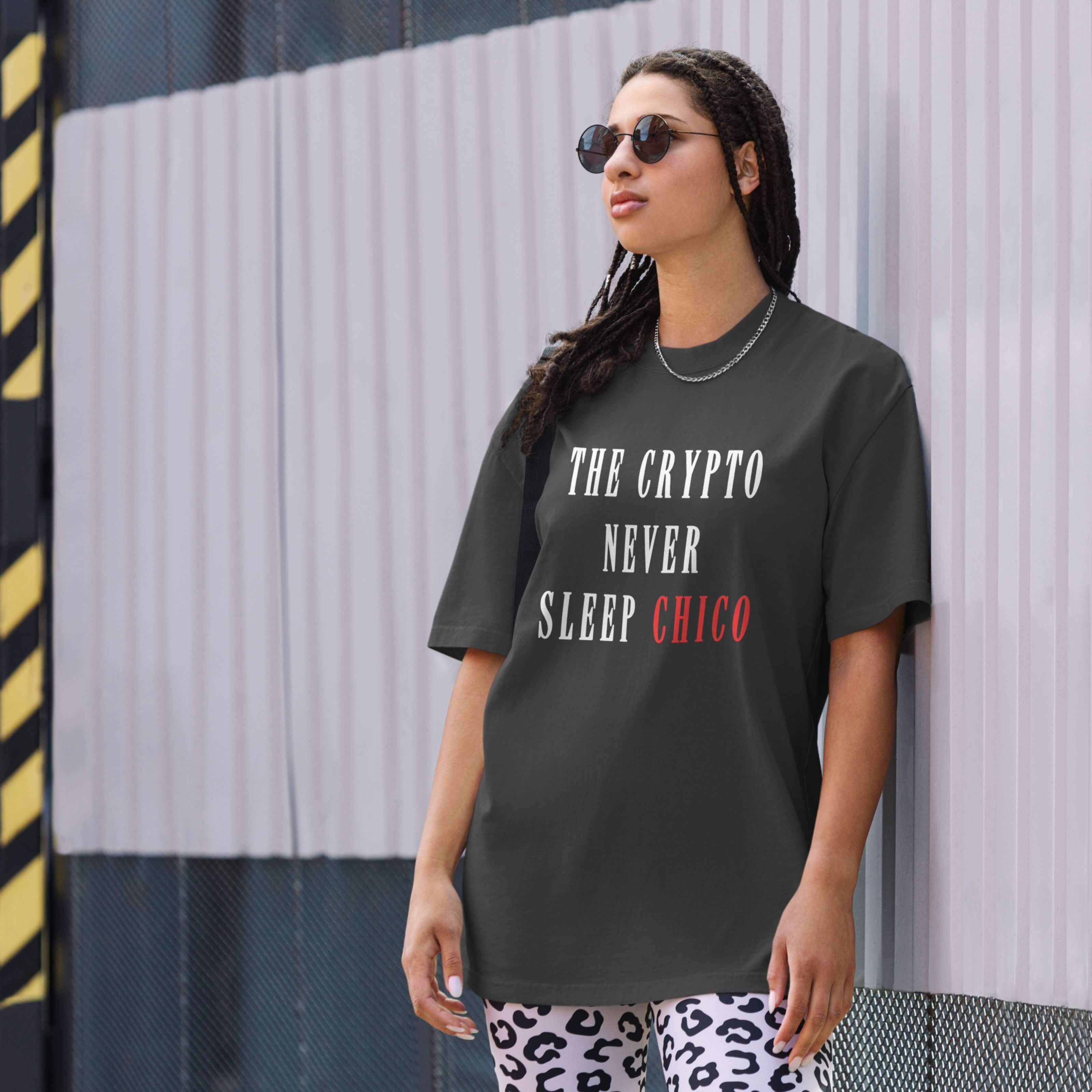 Female model wearing oversized crypto t-shirt street style outfit