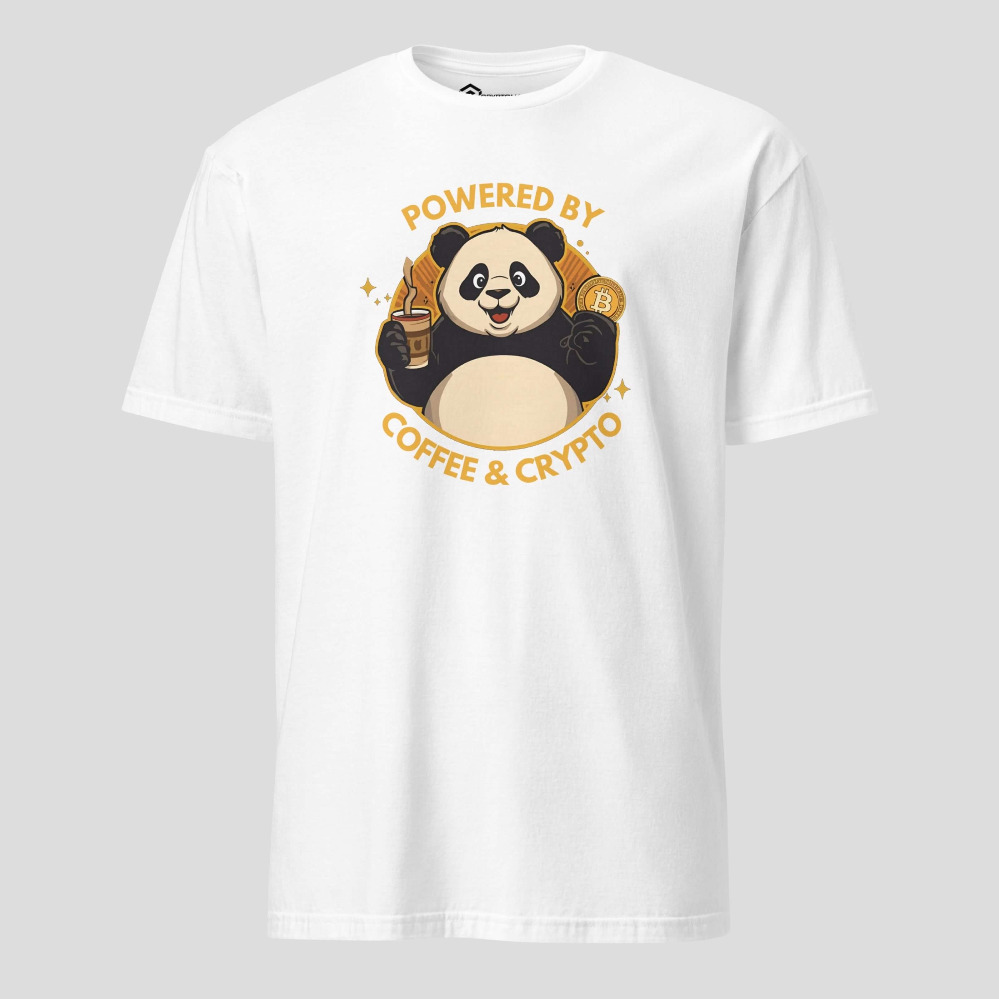 White panda holding coins crypto humor tshirt