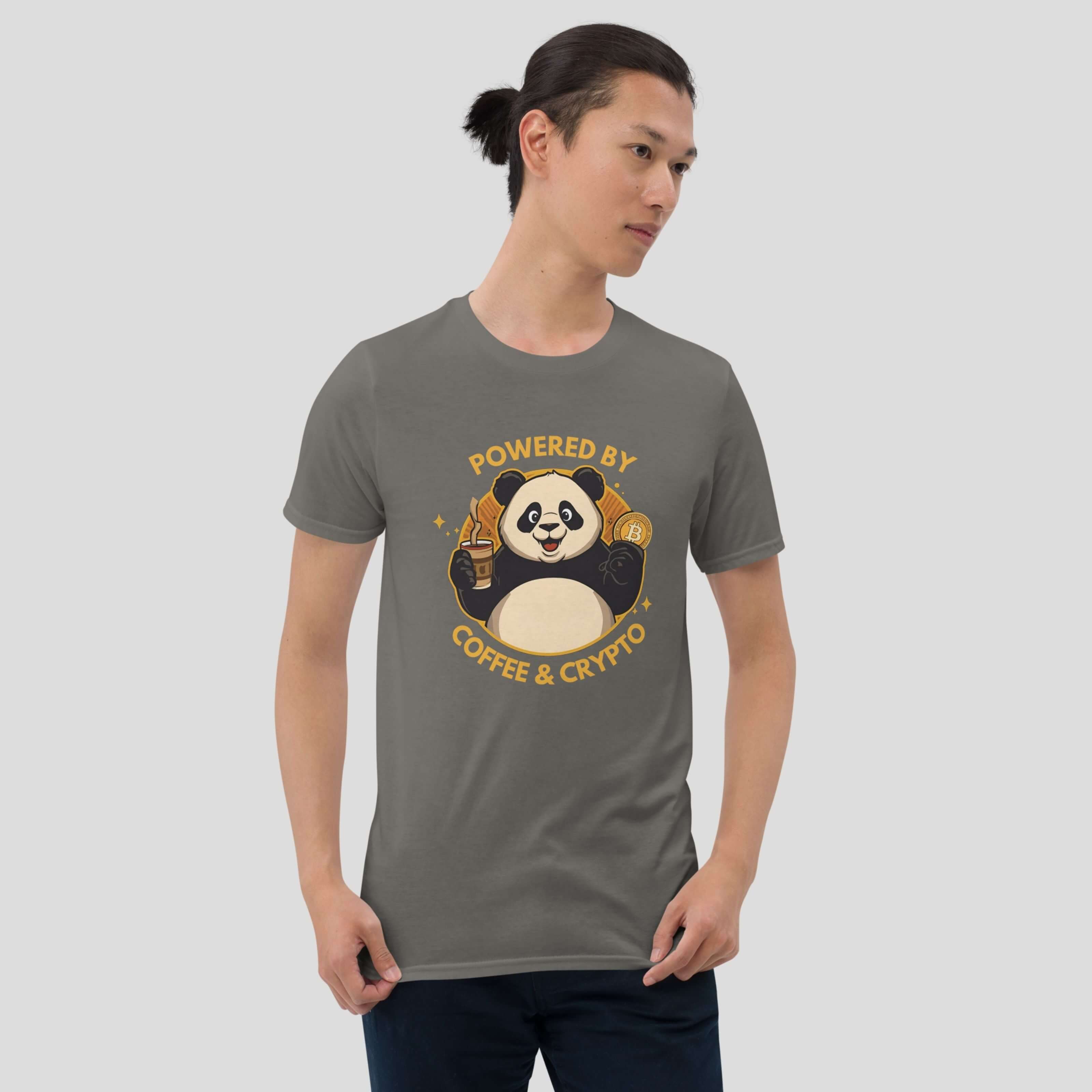 Funny panda crypto shirt for meme coin lovers worn by a male model