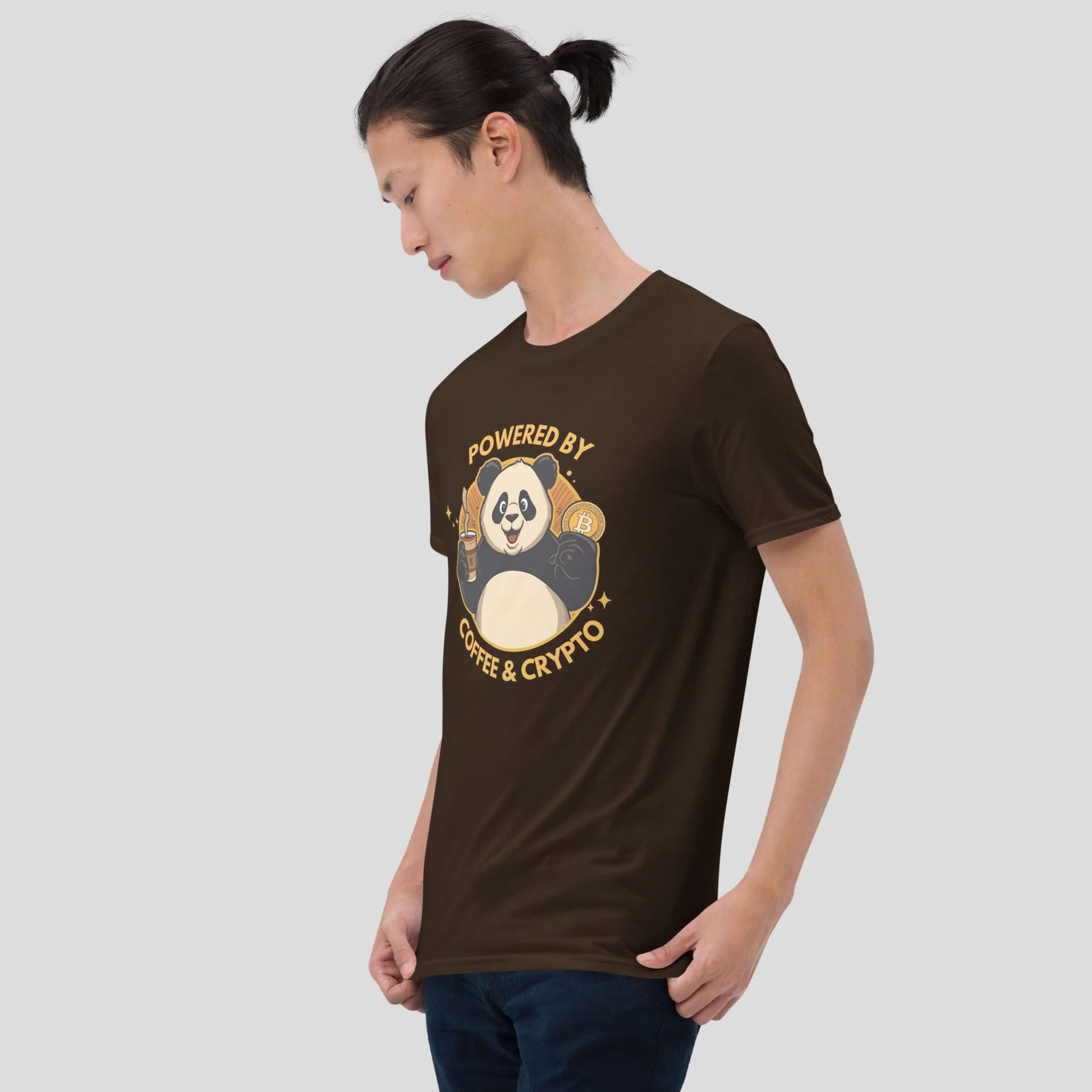 Male model wearing a crypto meme t-shirt  showing a panda hodling a cofee and bitcoin