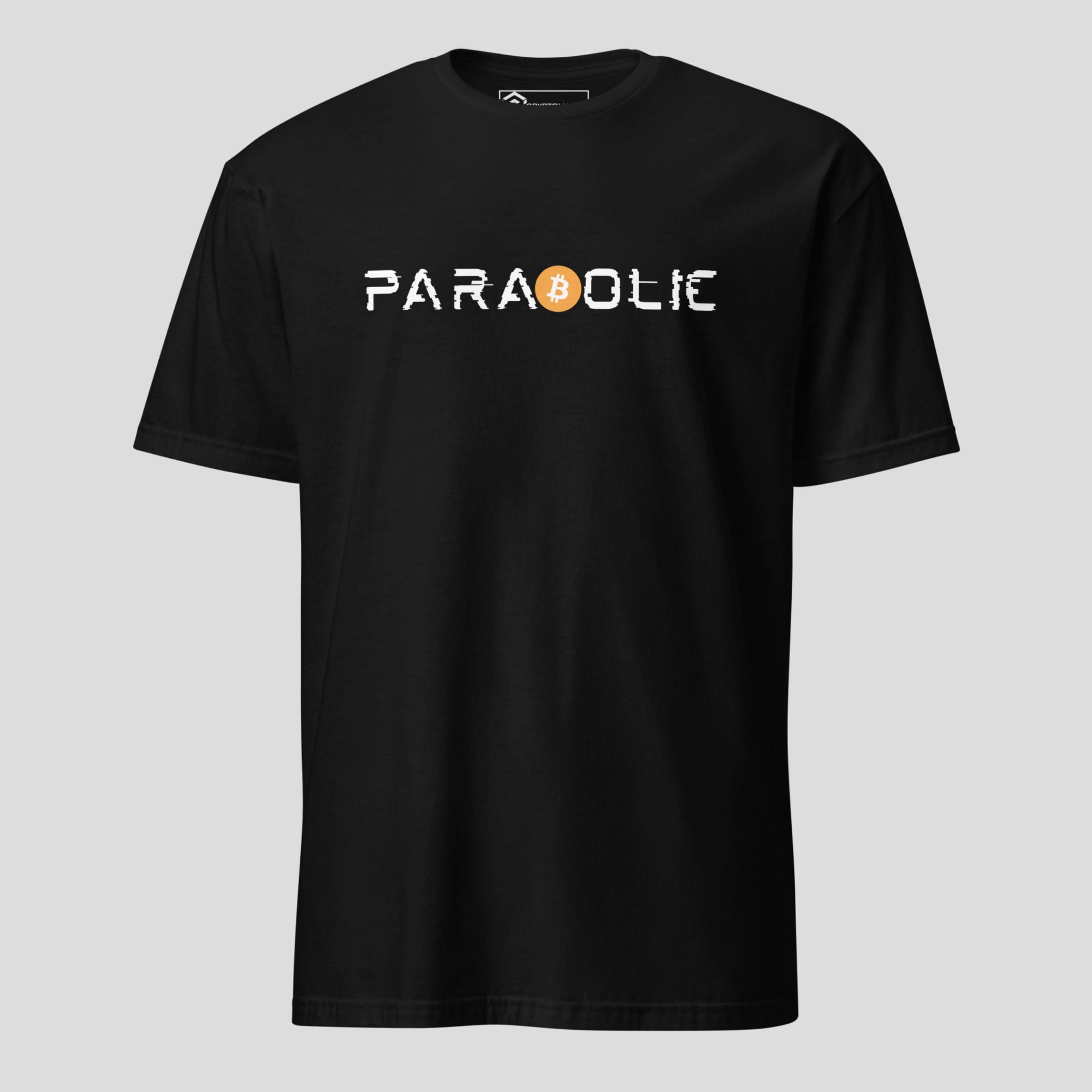 Front view of black parabolic bitcoin t-shirt with minimal crypto design