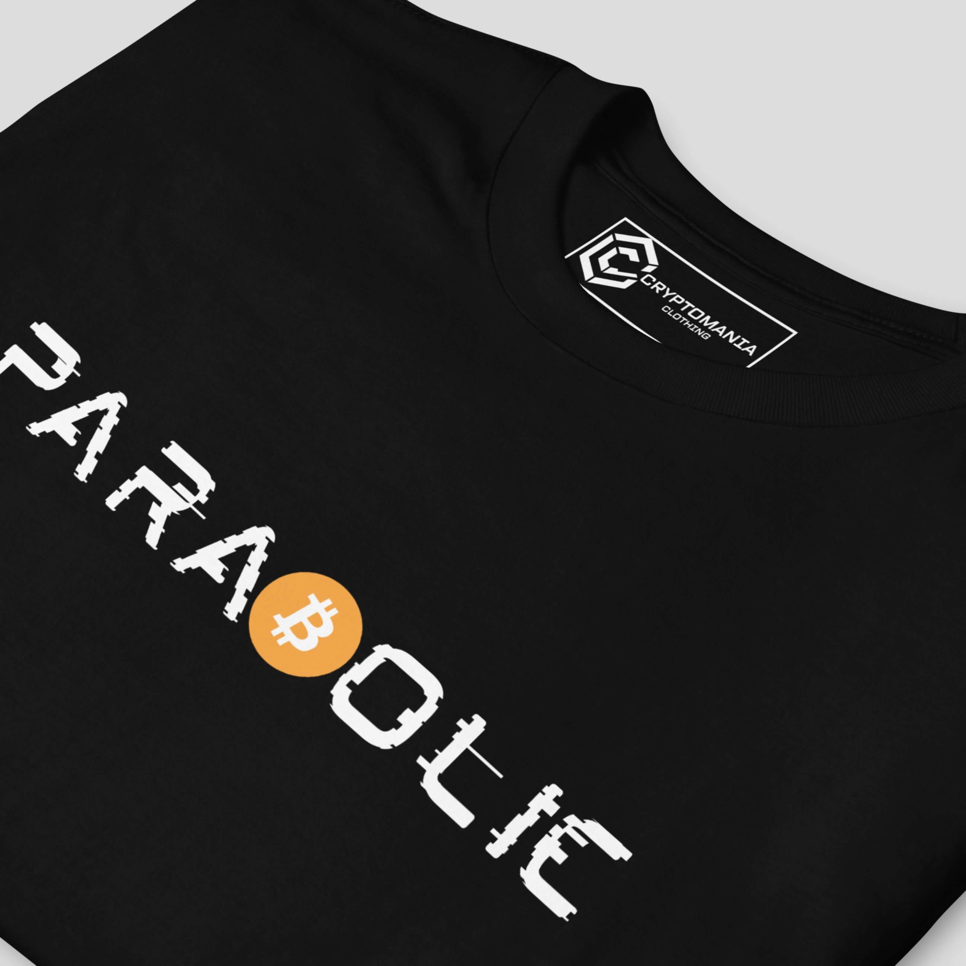 Close-up parabolic bitcoin graphic on premium cotton t-shirt