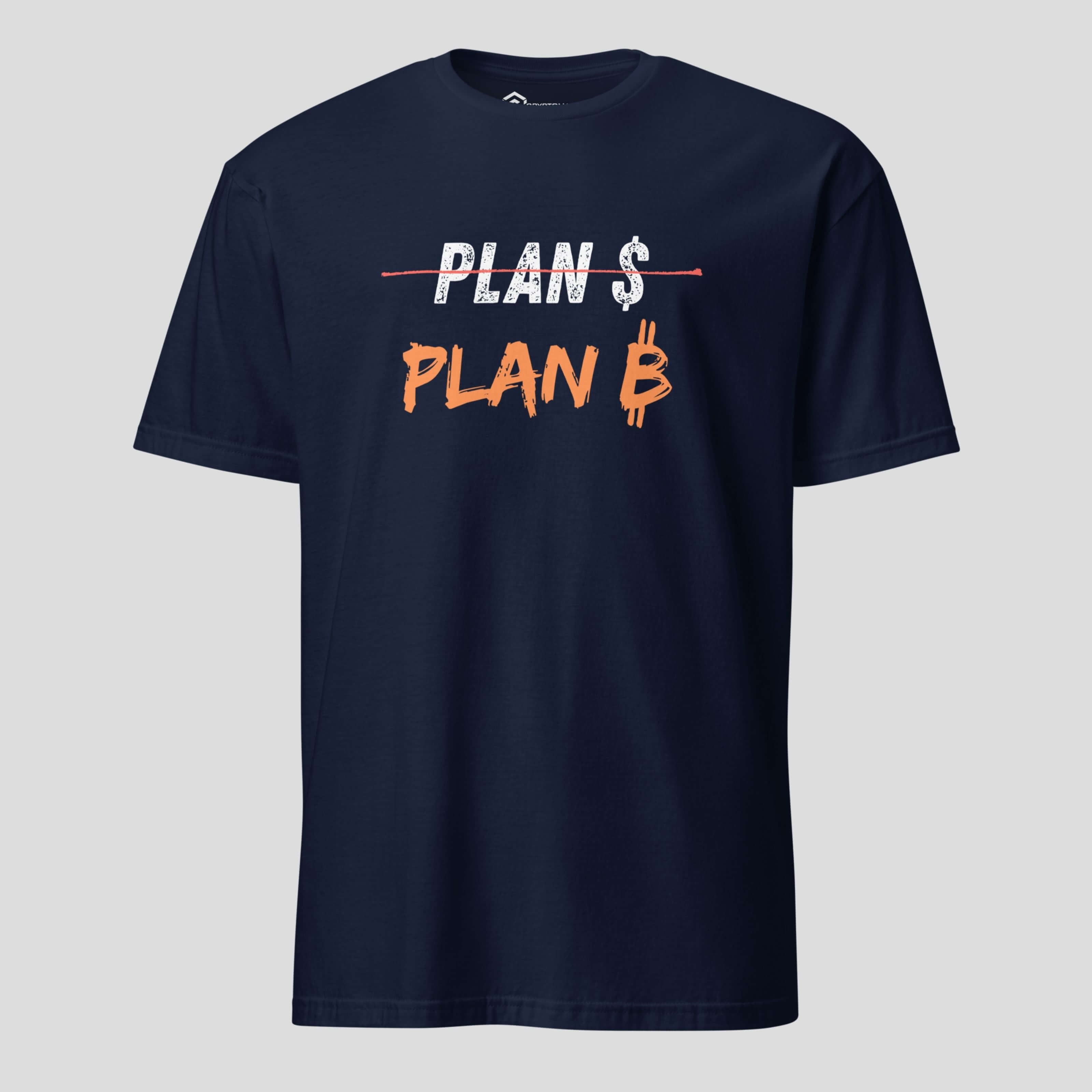 Navy Plan B Bitcoin t-shirt worn as modern crypto streetwear