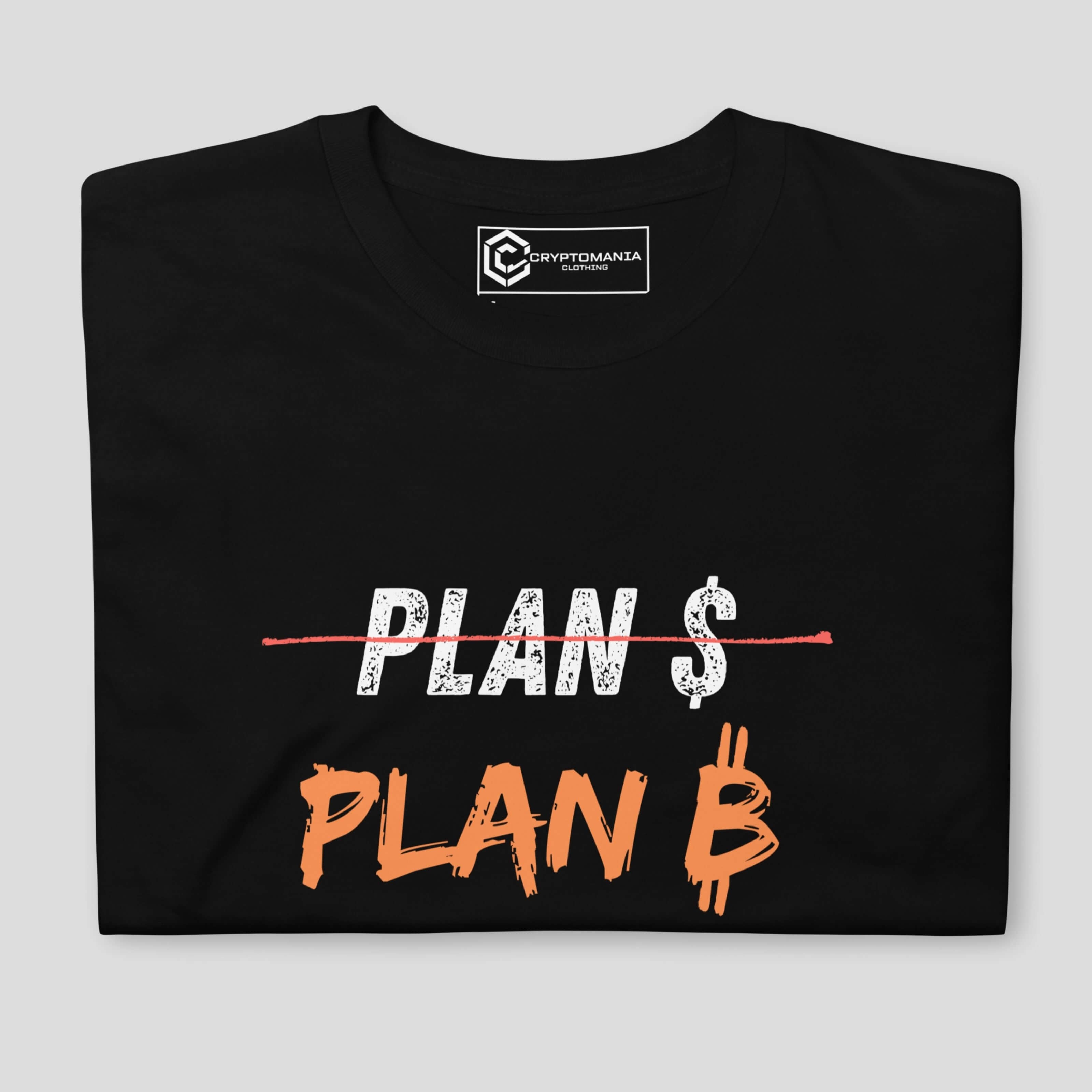 Close-up of Plan B Bitcoin typography crypto t-shirt design