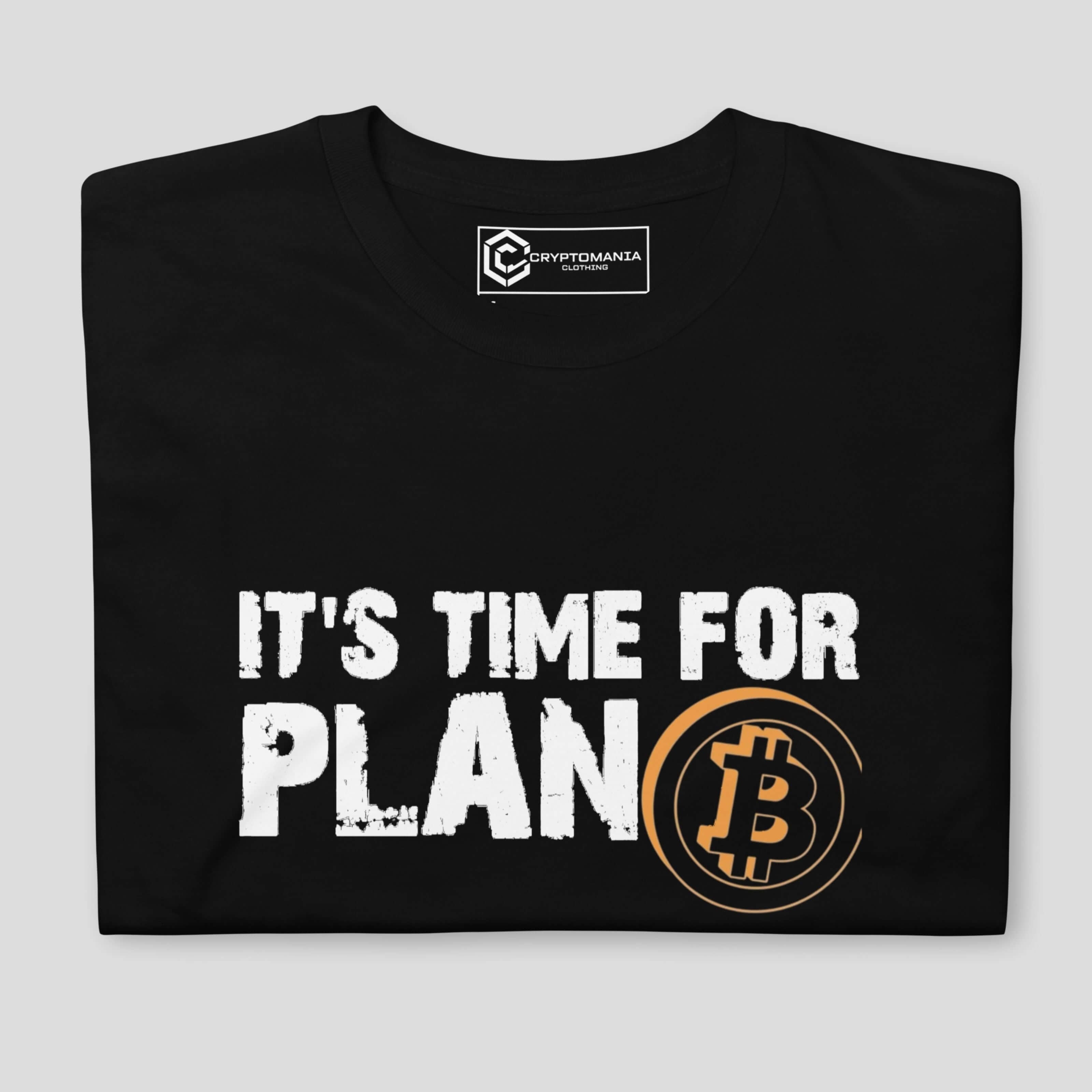 Close-up of Plan B bitcoin-inspired t-shirt showing premium print detail