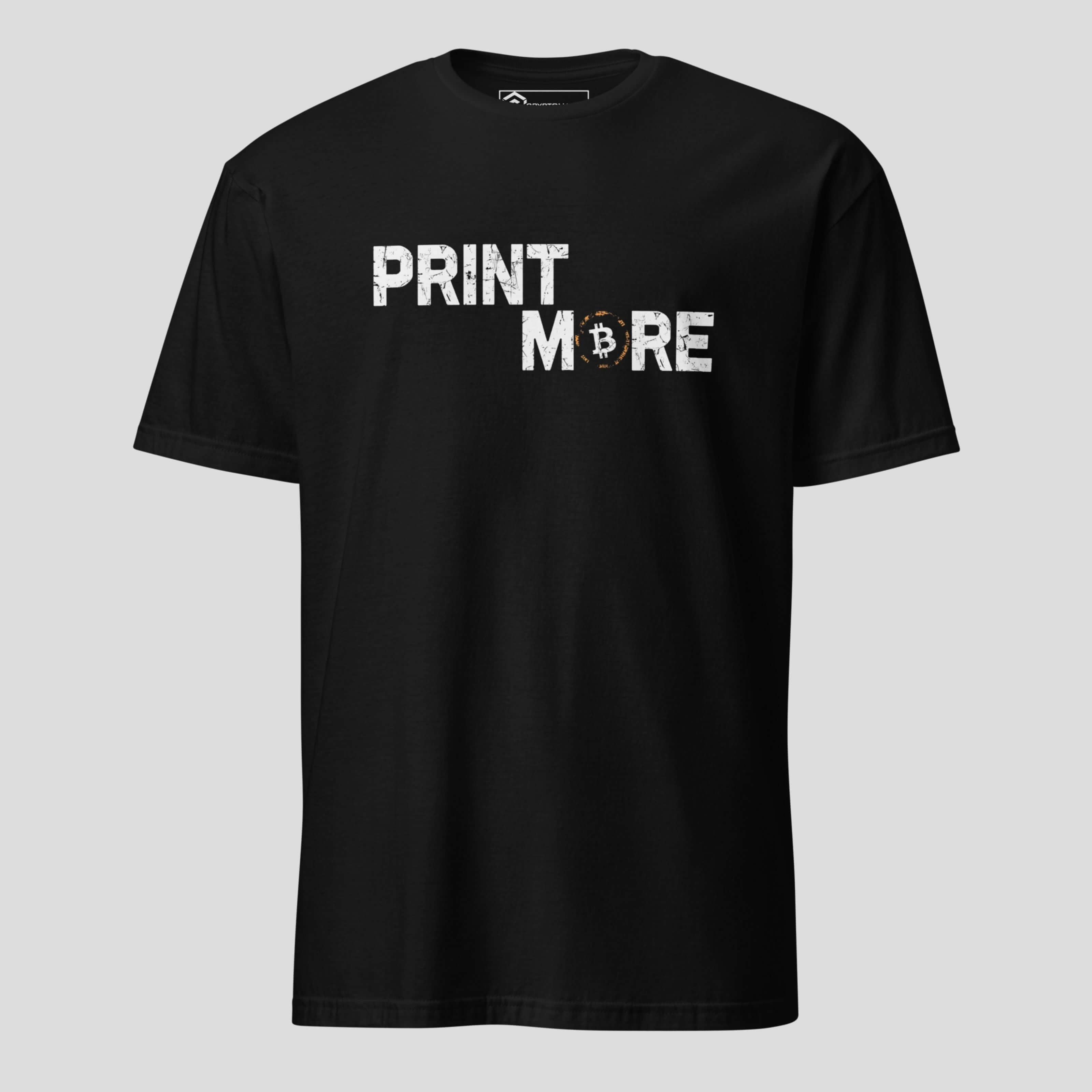 Black bitcoin inspired streetwear t-shirt featuring Print More message in premium print