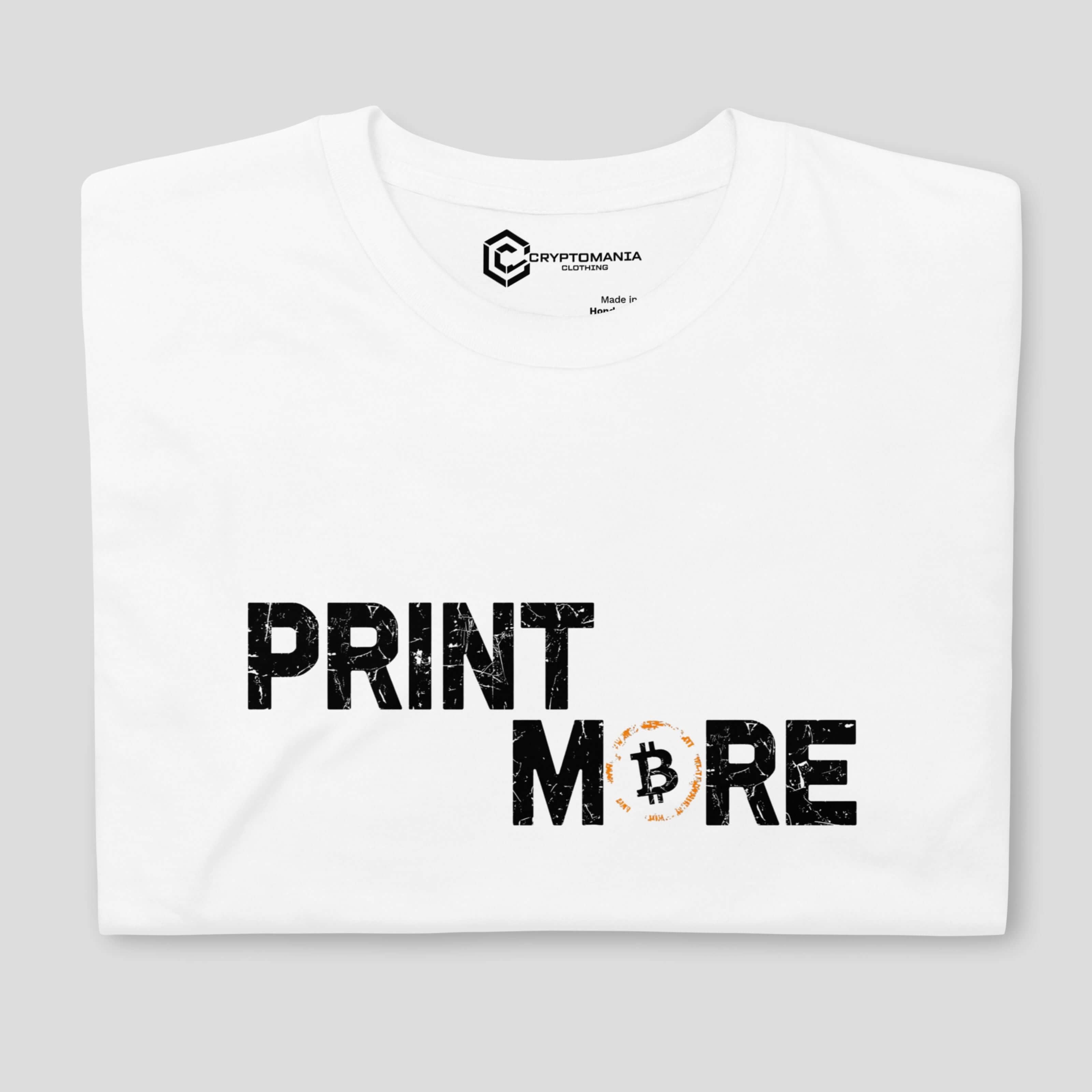Close-up of Print More Bitcoin print on white premium cotton t-shirt