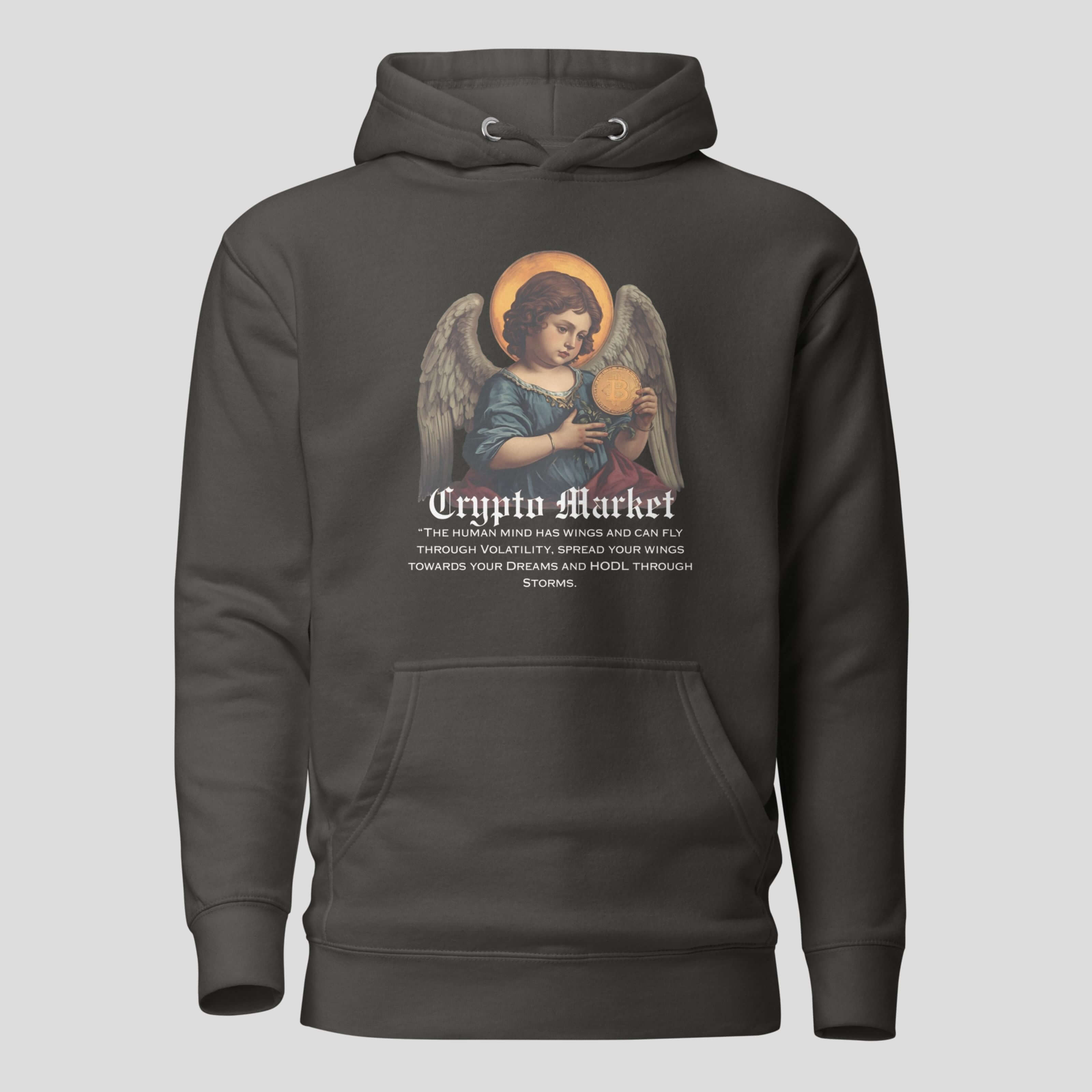Dark gray renaissance angel holding Bitcoin printed on crypto hoodie