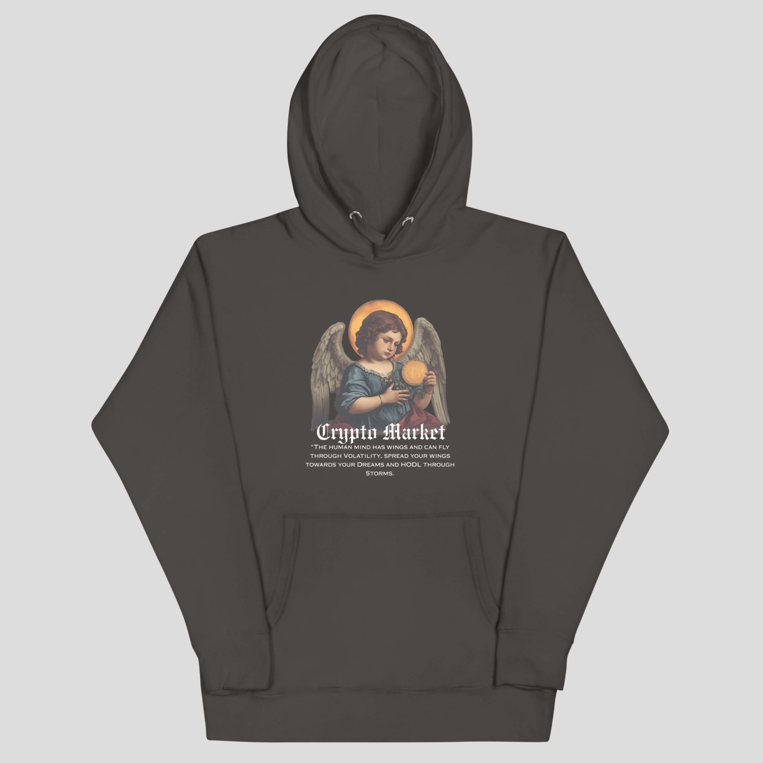 Charcoal hoodie with vintage angel holding Bitcoin design