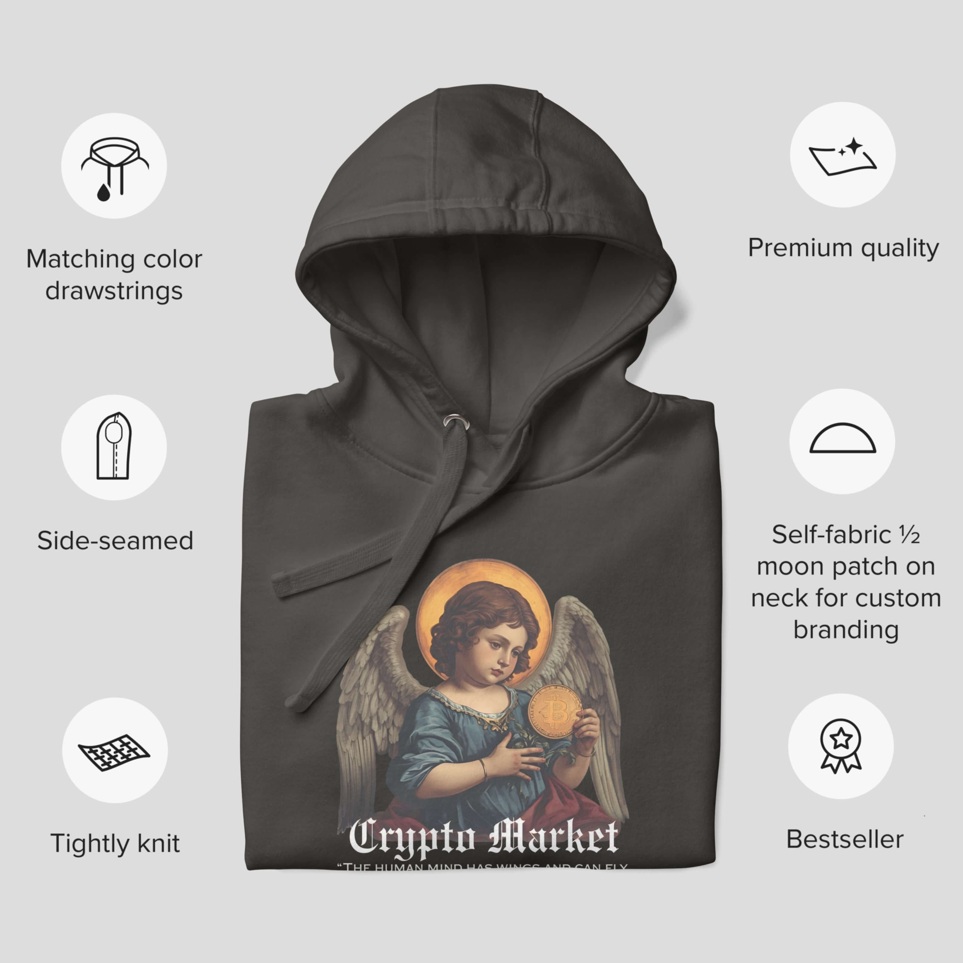 Folded charcoal hoodie with renaissance Bitcoin angel artwork