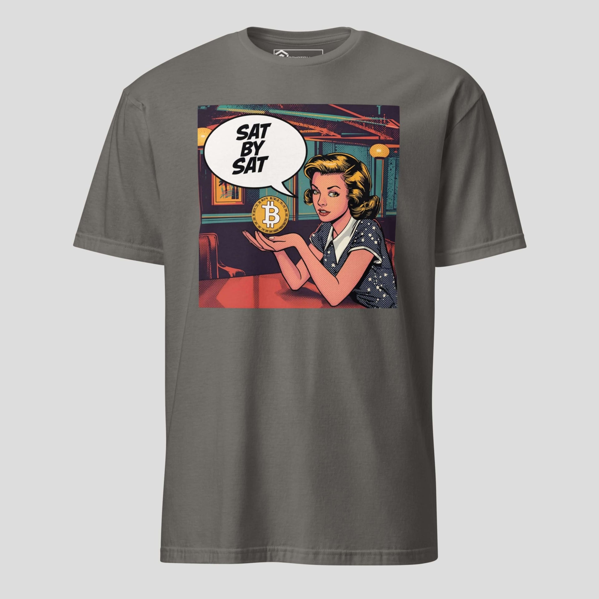 Grey sat by sat bitcoin t-shirt with stacking sats meme artwork
