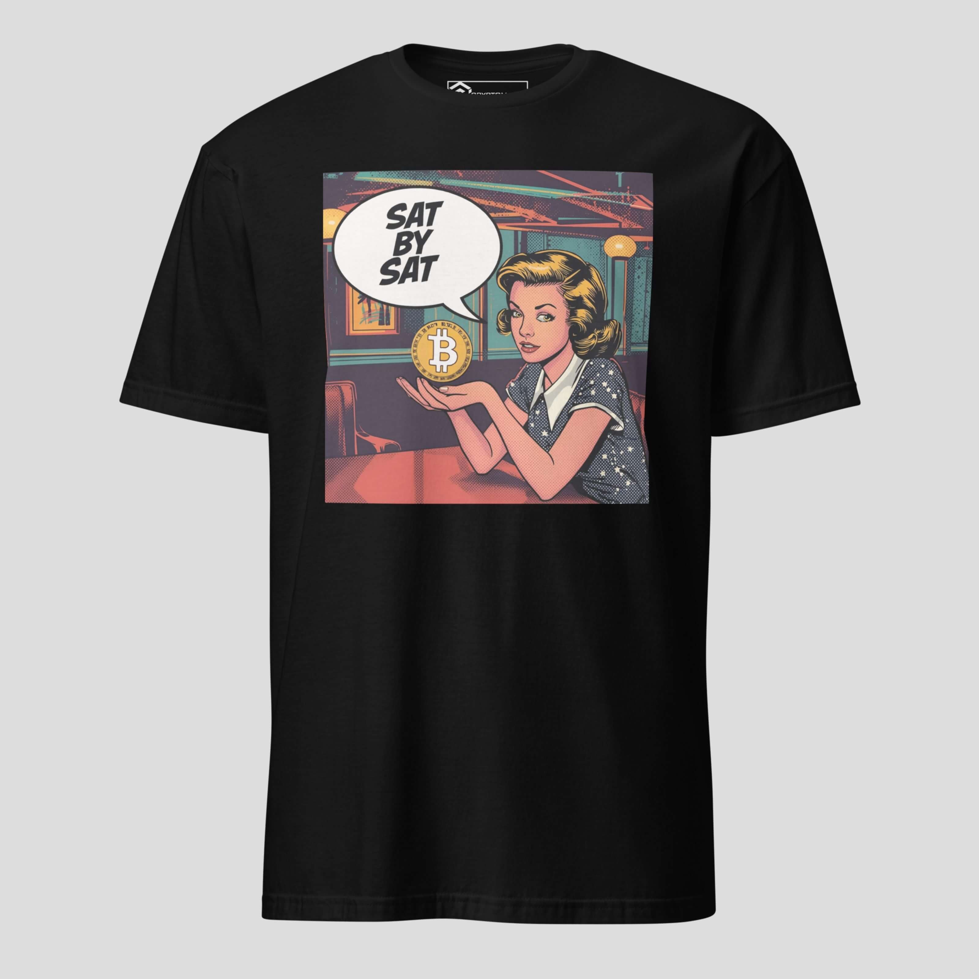 Black sat by sat bitcoin t-shirt front view