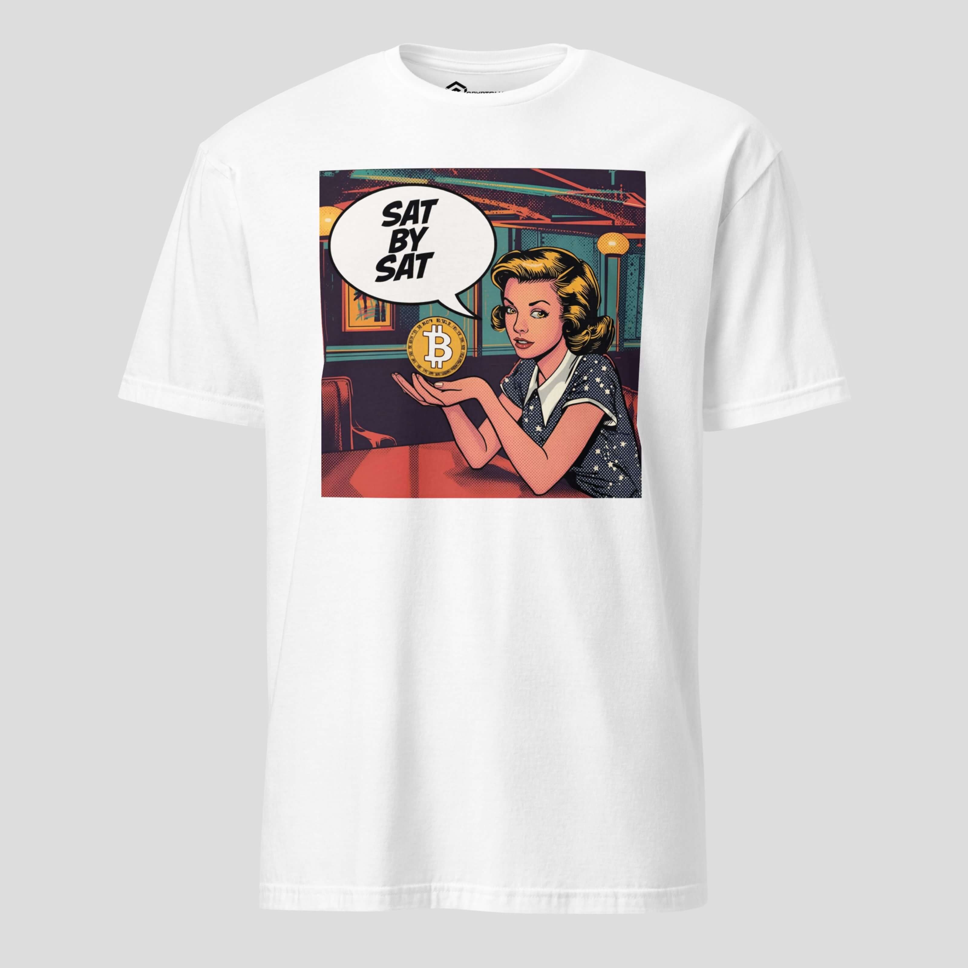 White sat by sat bitcoin t-shirt with crypto meme design