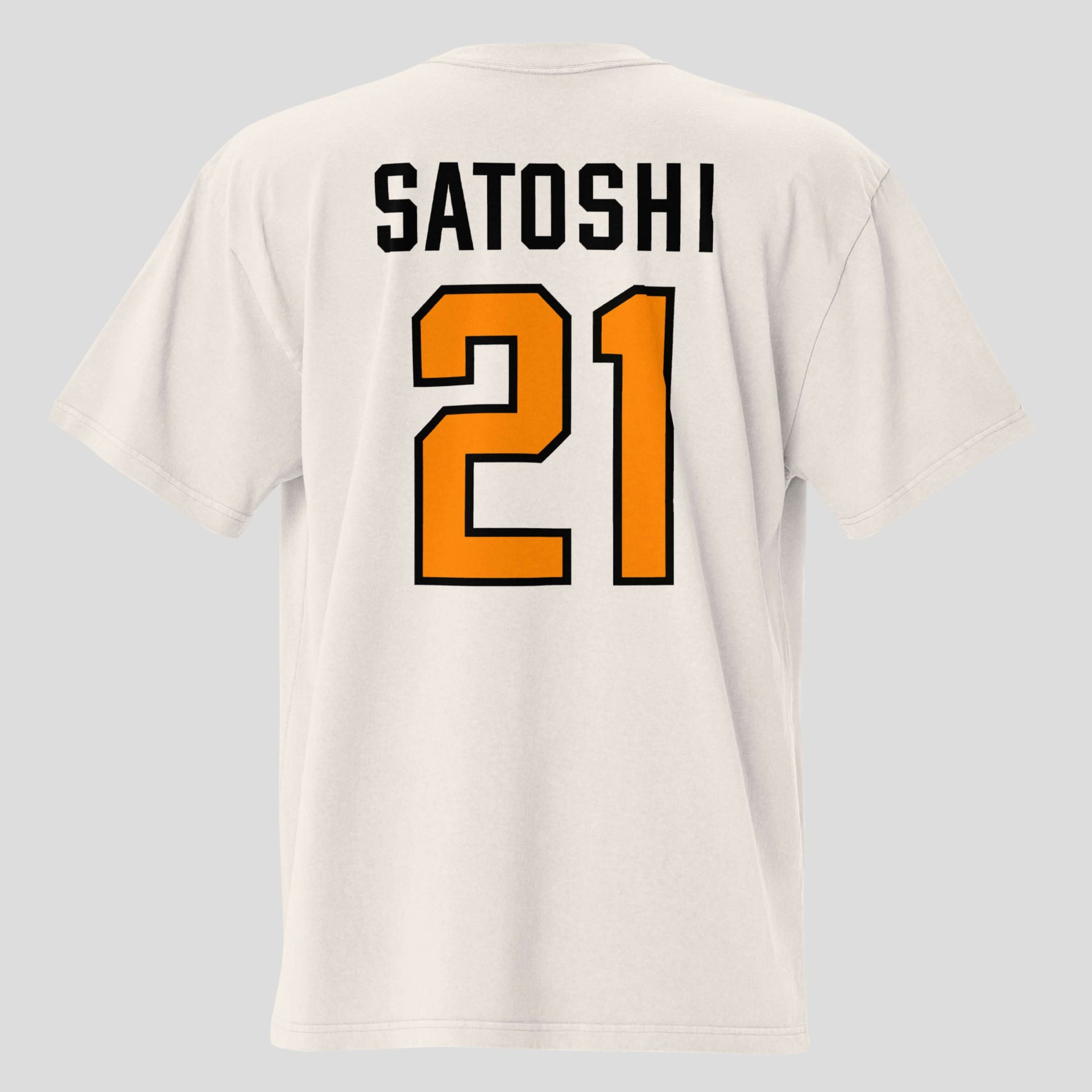 Back view of oversized faded crypto t-shirt featuring Satoshi 21 typography, relaxed fit Bitcoin streetwear design
