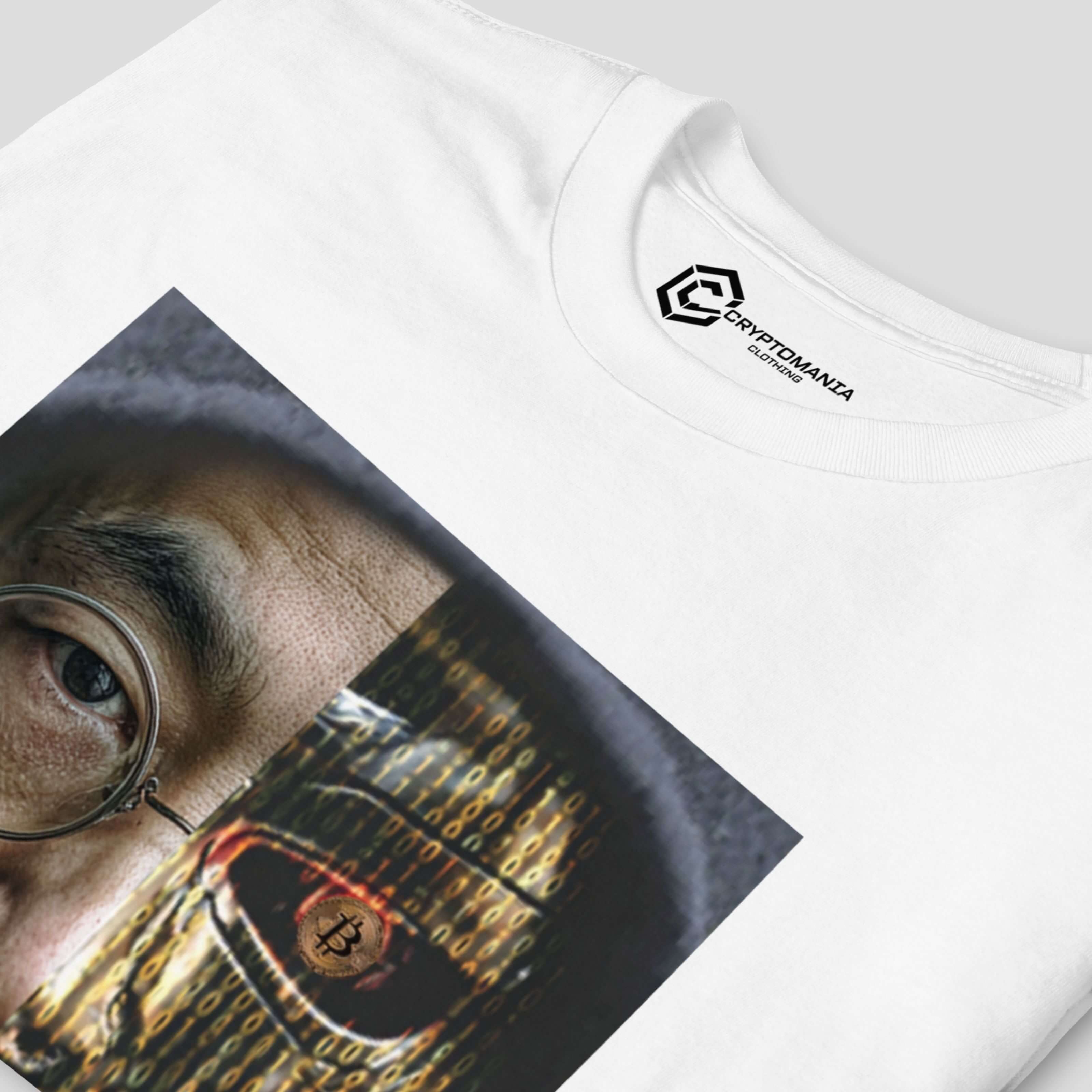 Premium cotton crypto t-shirt detail with high-resolution Satoshi Nakamoto inspired Bitcoin art print