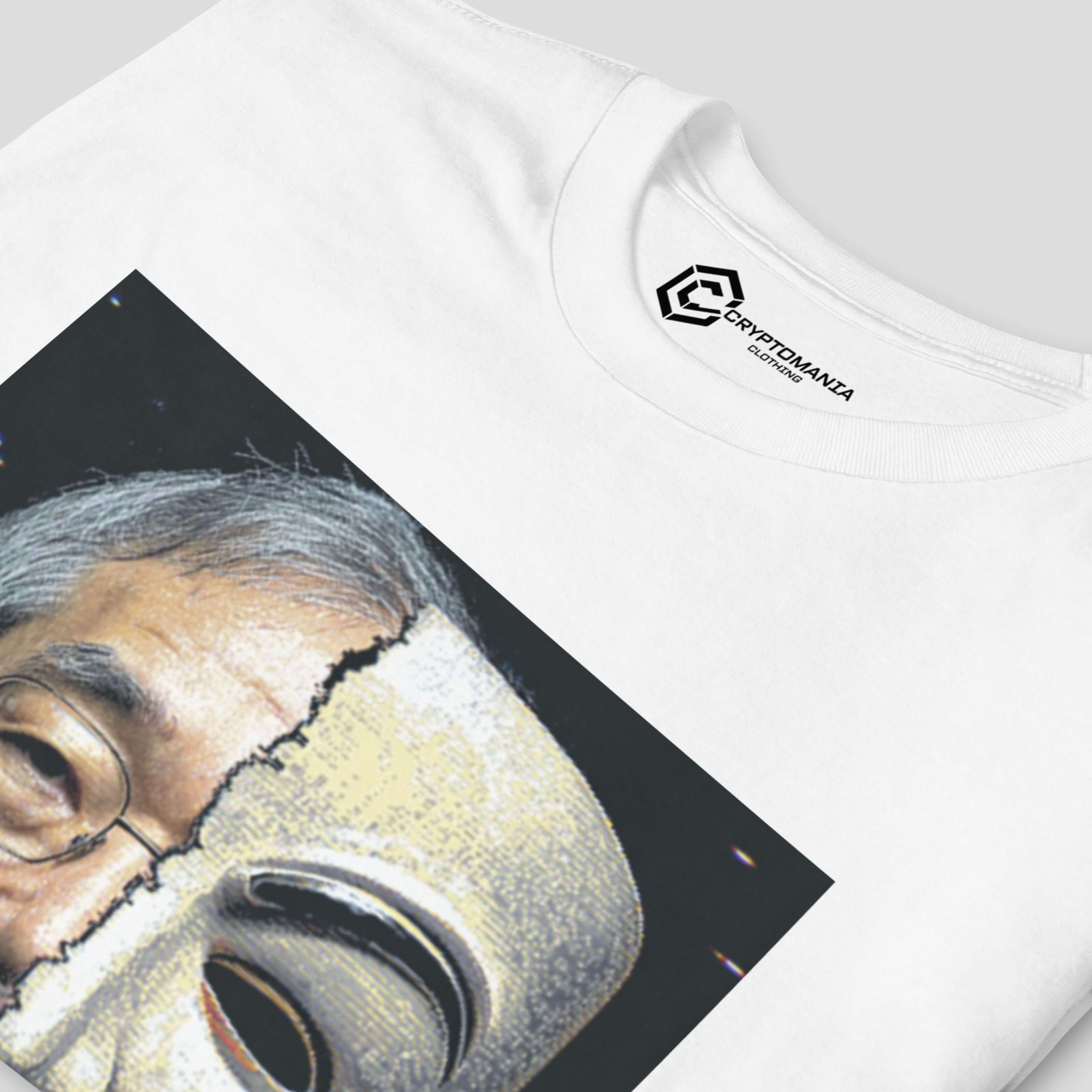 Close-up of blockchain culture Satoshi Nakamoto inspired t-shirt on white