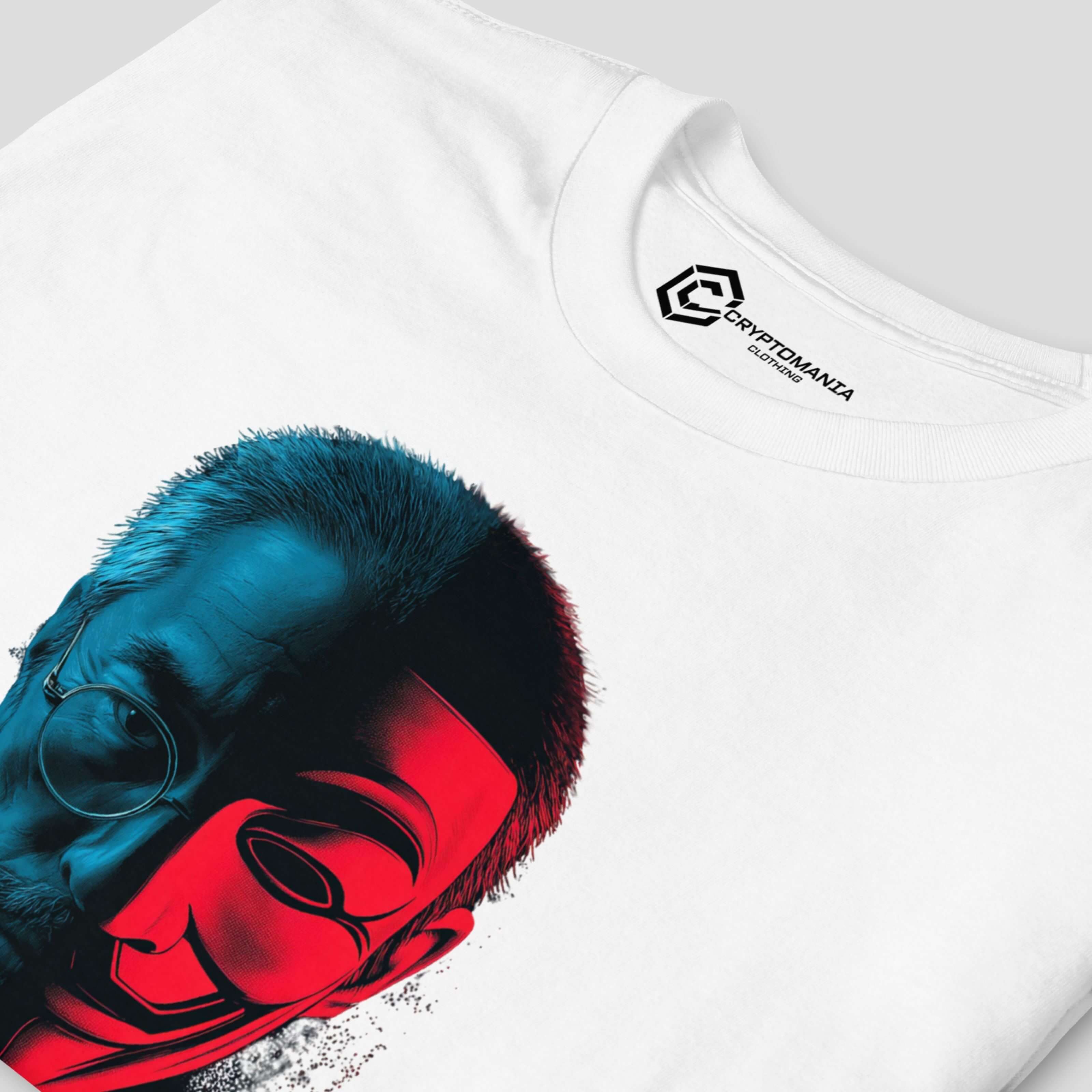 Close-up of Satoshi Nakamoto inspired Bitcoin streetwear t-shirt graphic detail