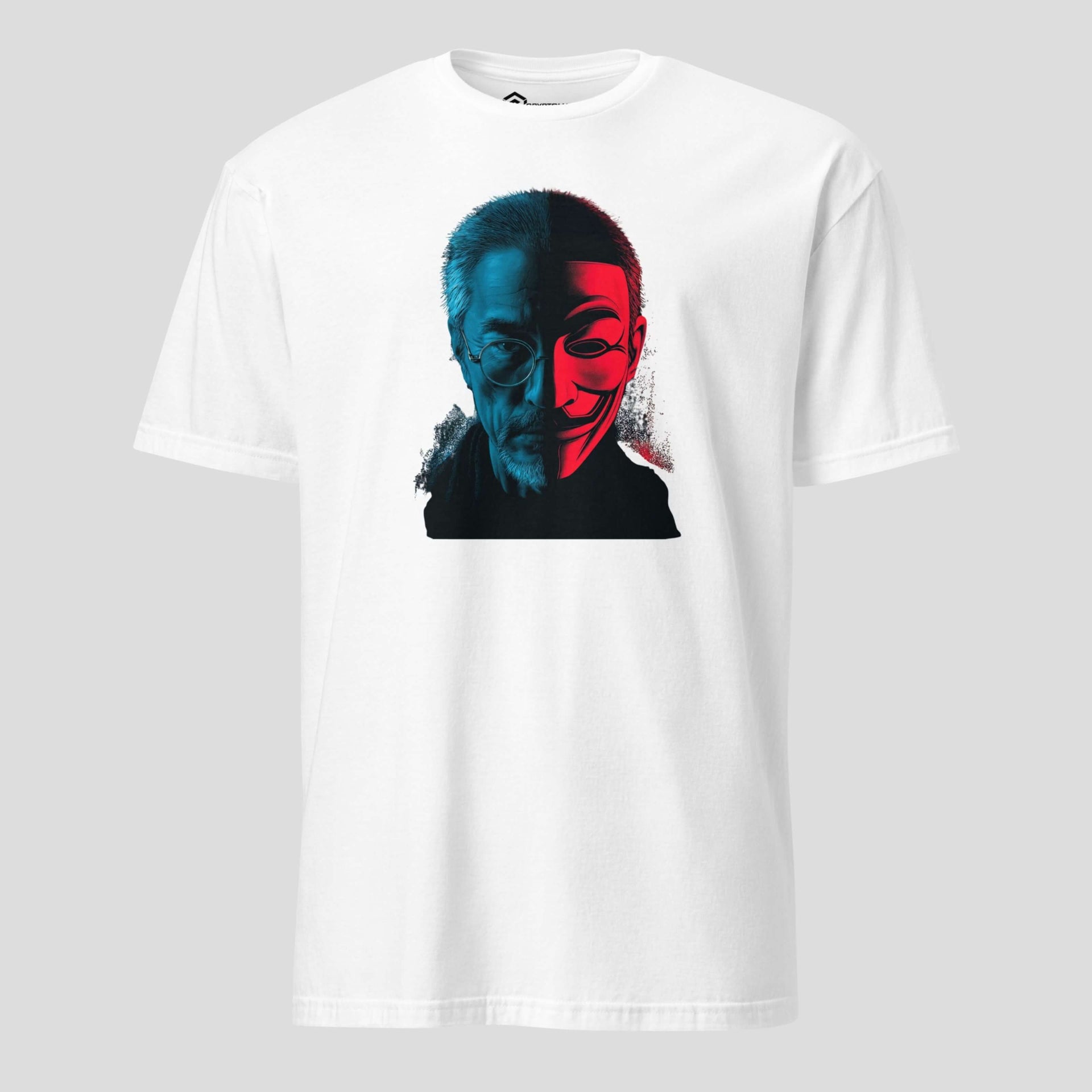 Satoshi Nakamoto Bitcoin t-shirt featuring artistic dual face crypto artwork on white shirt