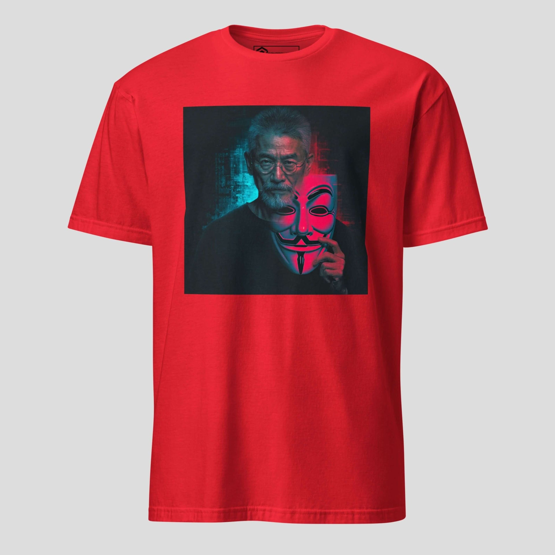 Satoshi Nakamoto inspired split identity t-shirt featuring masked portrait and cyberpunk crypto art design