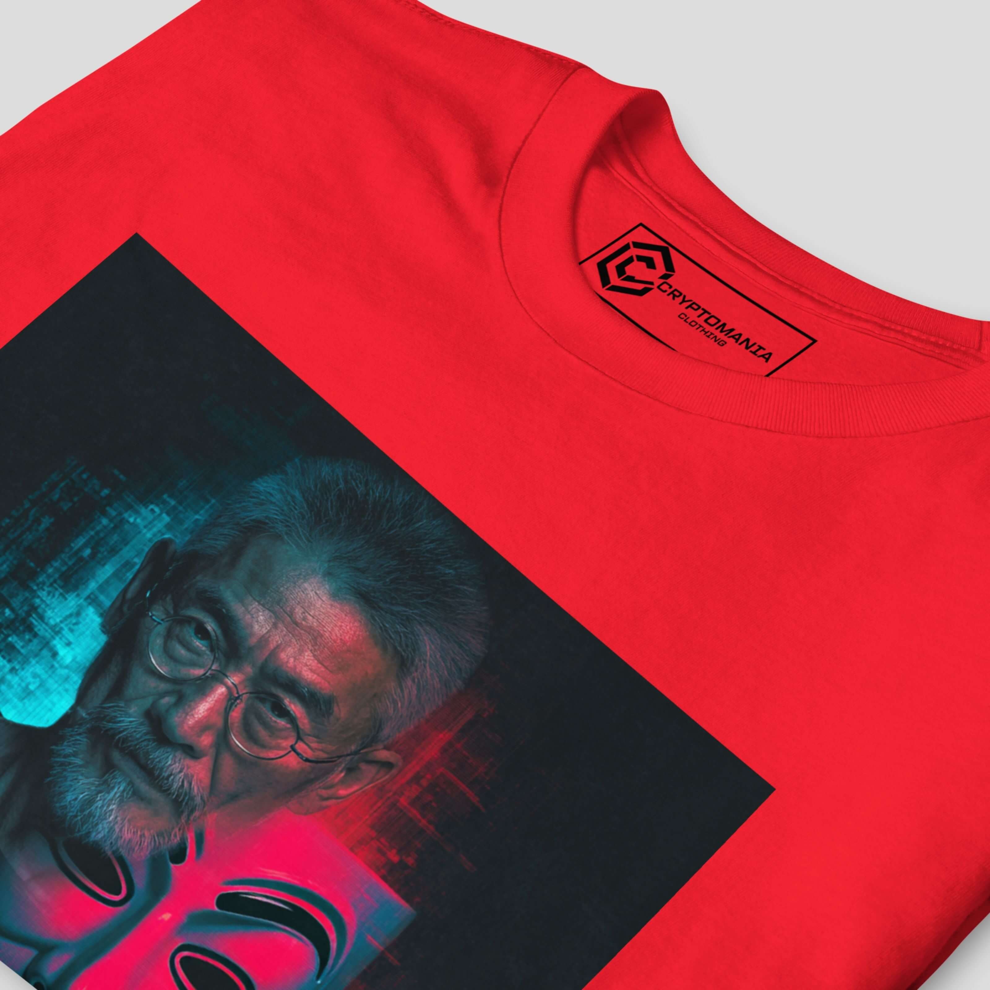 Close-up of Satoshi Nakamoto inspired split face artwork symbolizing anonymity and Bitcoin decentralization