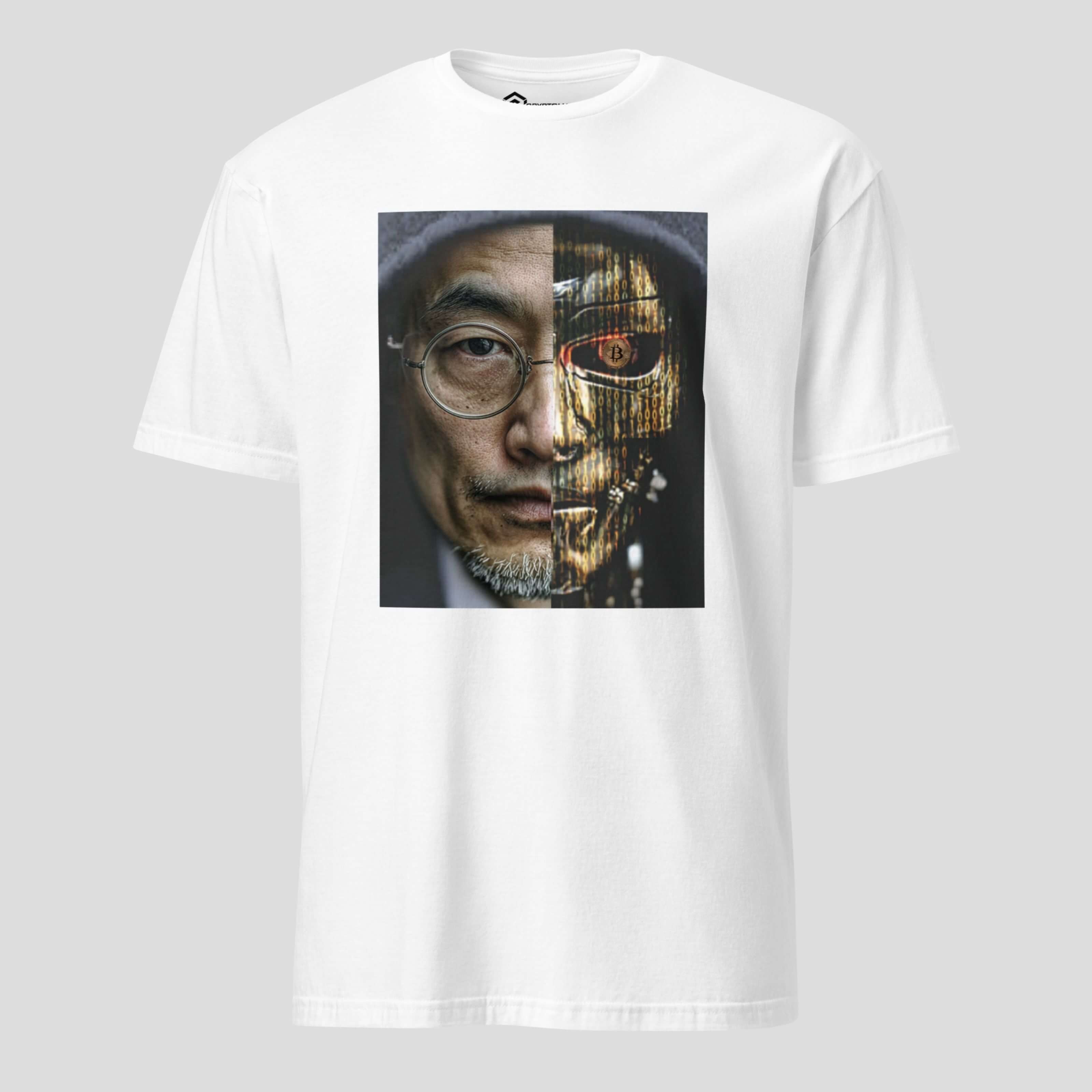 White Satoshi Nakamoto inspired t-shirt with split face design symbolizing Bitcoin anonymity and blockchain code