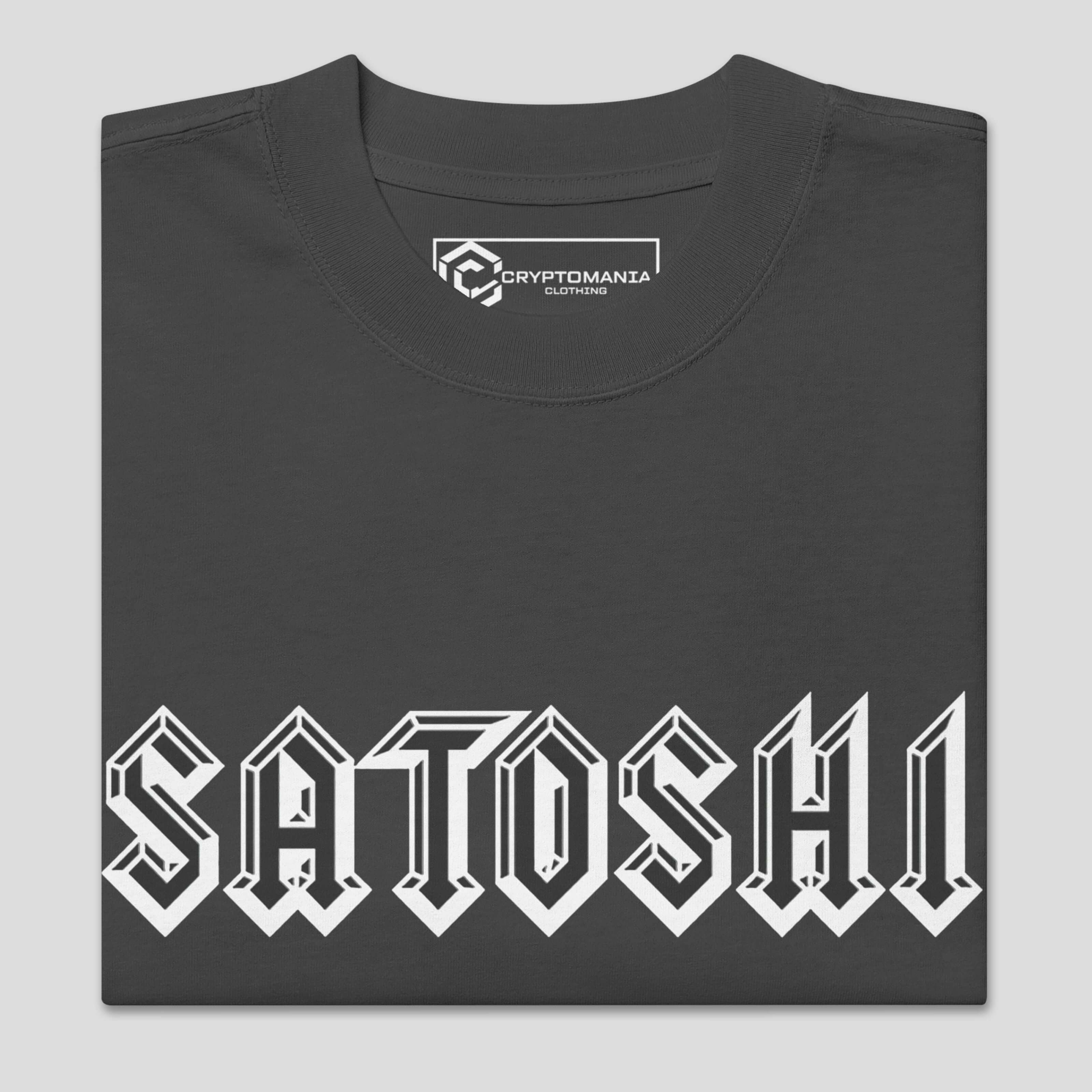 Close-up of oversized heavyweight Satoshi crypto t-shirt fabric and print